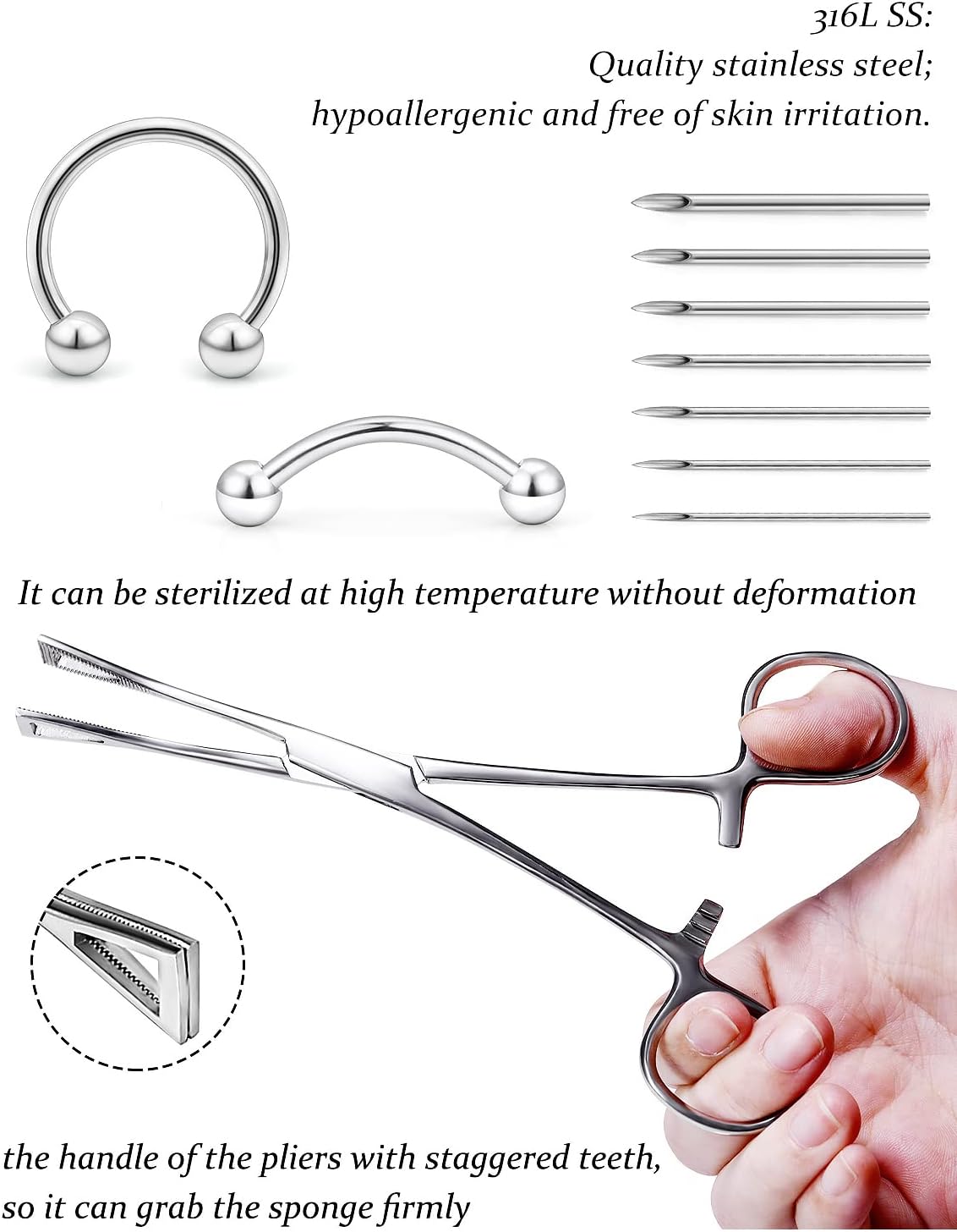 316L Surgical Steel Body Piercing Tools Kit - 9 Styles for Nose, Septum, Lip, Tongue & More