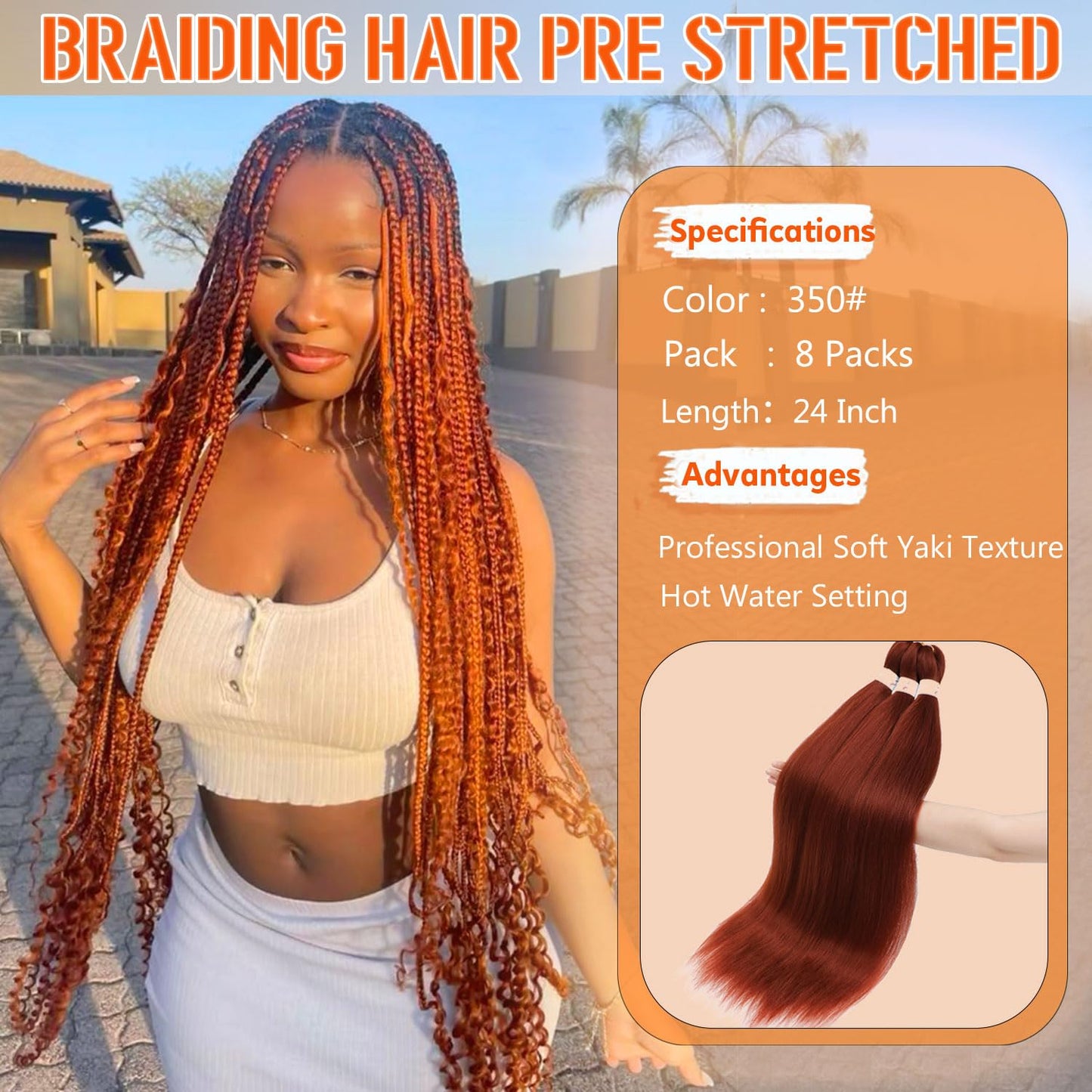 24-Inch Pre-Stretched Braiding Hair - 8 Packs Soft Yaki Texture for Crochet & Twists