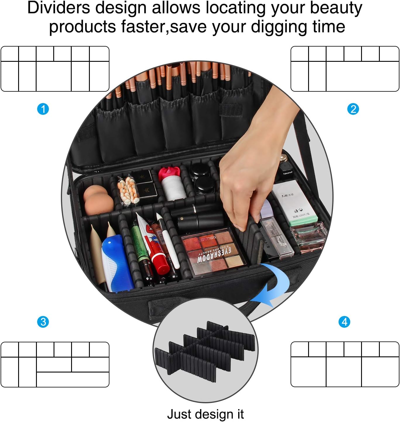 Relavel Portable Travel Makeup Case Organizer with Adjustable Dividers - Black Cosmetic Storage for Brushes, Toiletries & Jewelry