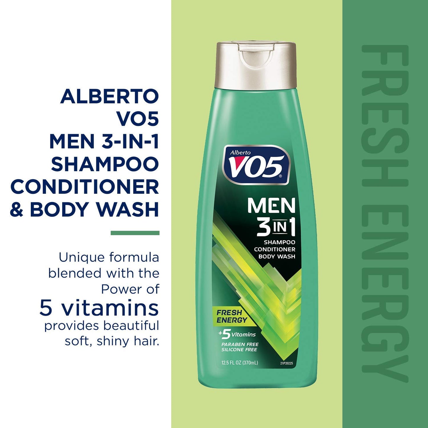 Alberto VO5 Mens 3-IN-1 Shampoo Conditioner and Body Wash - 12.5 Oz - Fresh Energy - 5 Essential Vitamins to Help Nourish and Hydrate Your Hair and Skin- Vitamin A, H, C, B5 and B3, multi (11304)