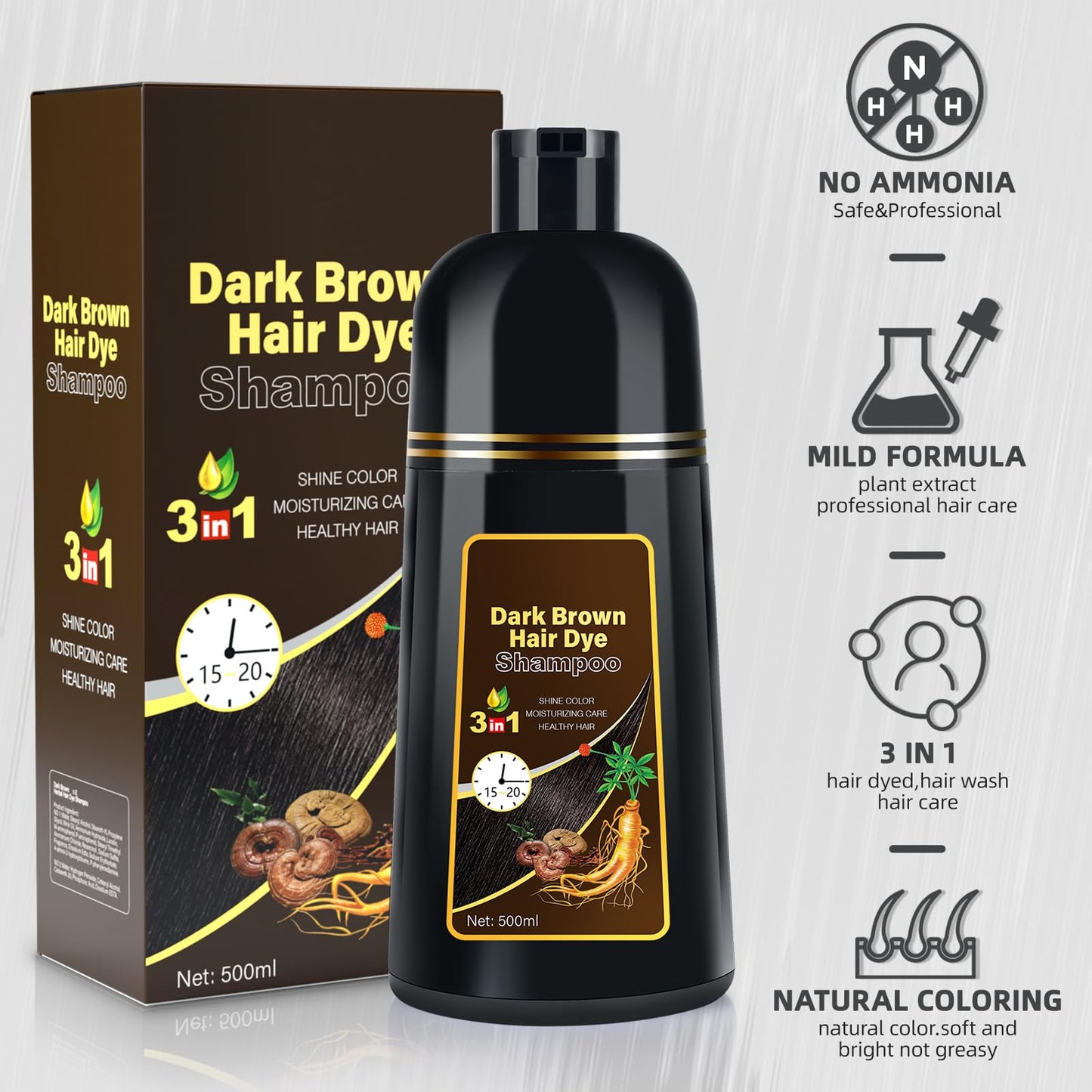 BELEZALIB Dark Brown Hair Dye Shampoo, Hair Color Shampoo 3 in 1, Semi-Permanent Gray Hair Coverage for Woman & Man, Mild Formula, Lasts 30 Days(16.90 oz)