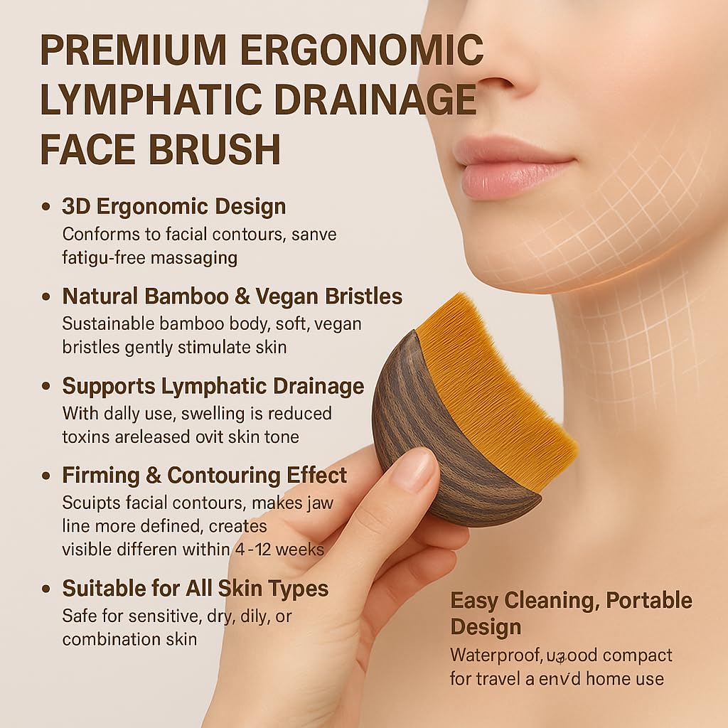 Lymphatic Contour Face Brush – Lymphatic Drainage Tool with Ergonomic Wooden Handle for Dry Brushing, Jawline Sculpting, Facial Massage, Puffiness Reduction & Fatigue Relief for Glowing Skin (1 pcs)