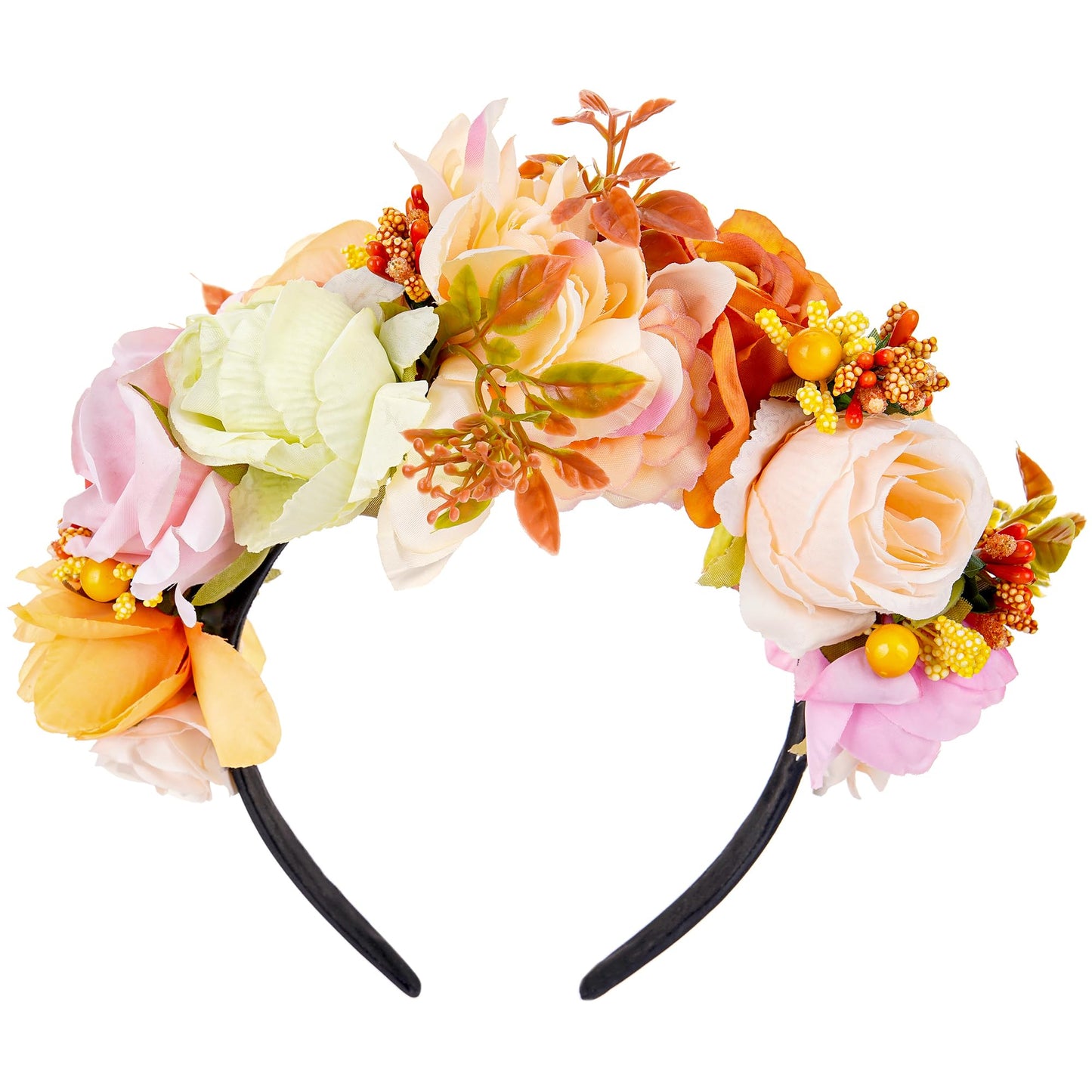 KorViSHOW Mexican Flower Crown Headband - Mexican Rose Floral Crown Headpiece Cinco De Mayo Hair Accessories for Women Girls Dia de los Muertos Costume Halloween Cosplay Fiesta Party