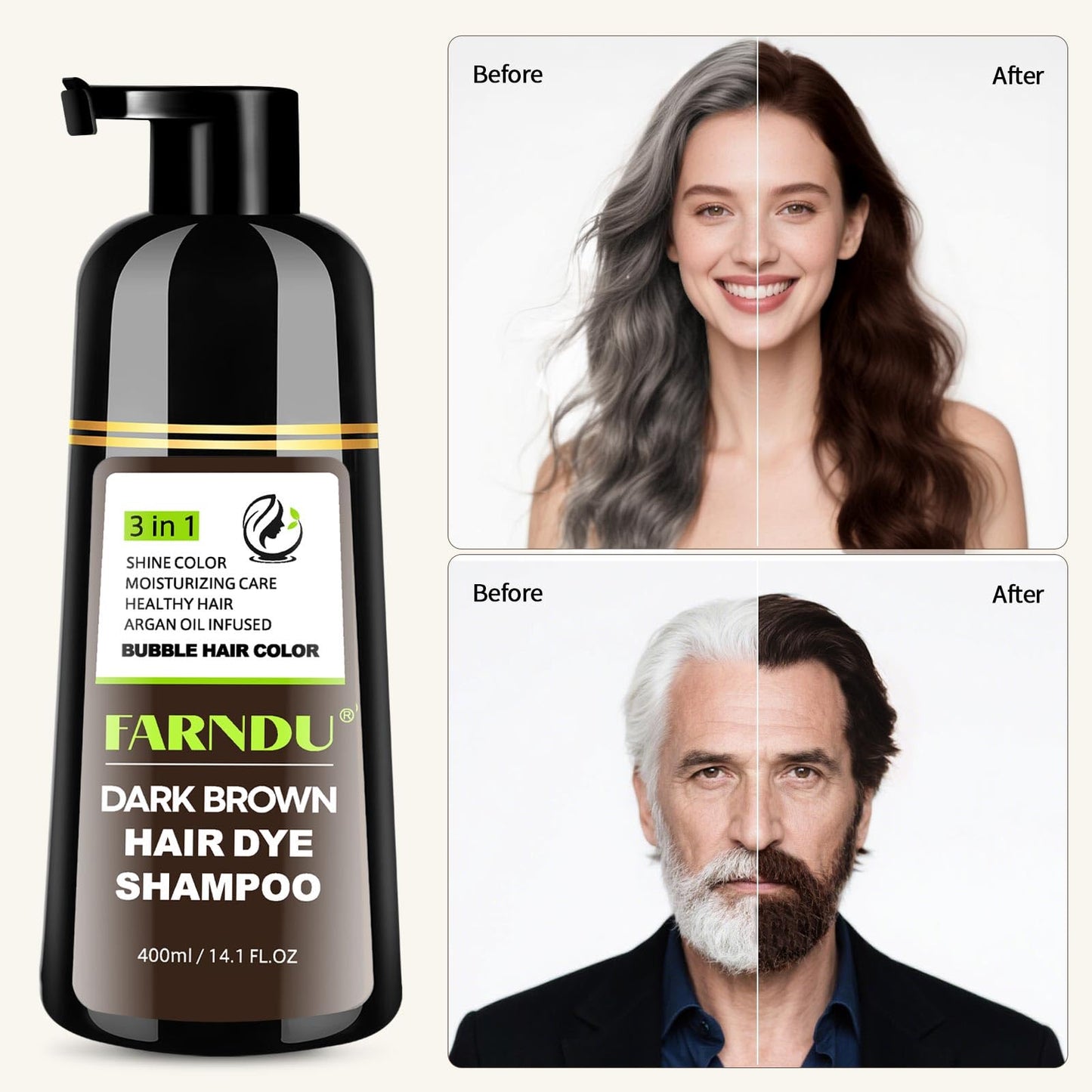 Dark Brown Hair Dye Shampoo- Gray Coverage, Herbal Natural 3 in 1 Hair Color Shampoo for Men & Women