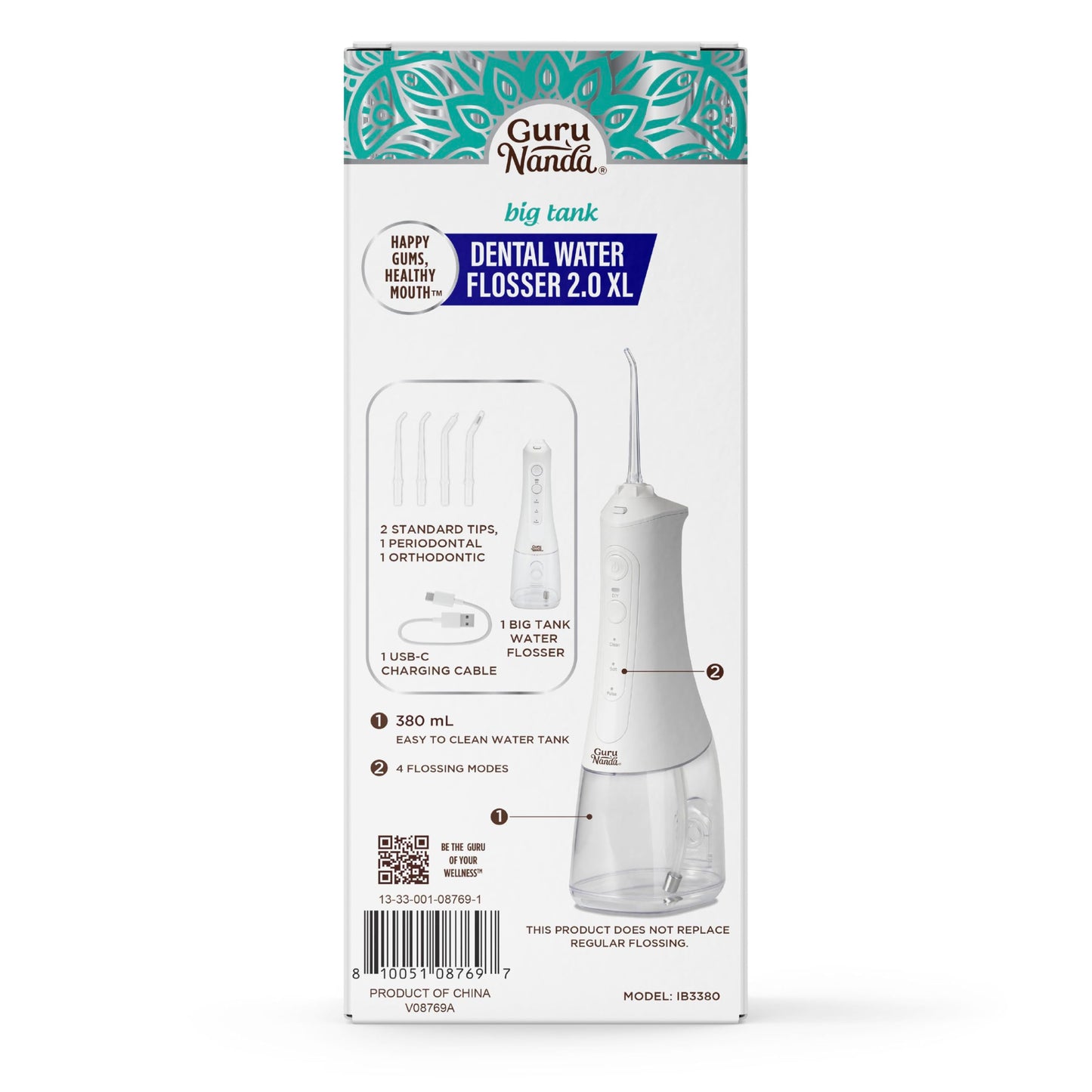 GuruNanda Water Dental Flosser 2.0 XL – 380ML Large Tank, 4 Flossing Modes, Cordless & Portable with Smart Timer for Deep Cleaning & Happy Gums - White