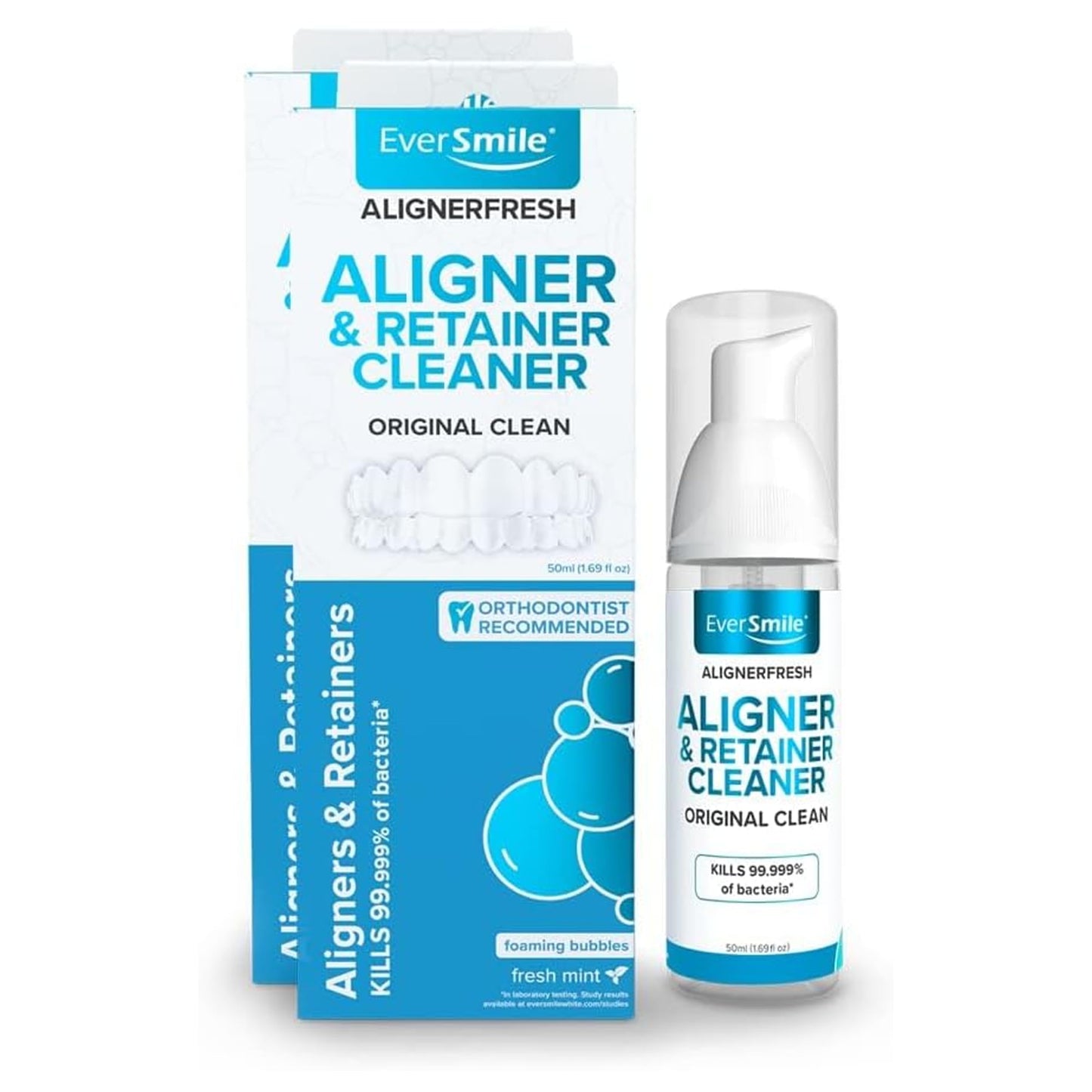 EverSmile AlignerFresh Original Clean Foam – Cleaner Compatible w/Invisalign and All Clear Aligners & Retainers – Eliminates Bacteria, Whitens Teeth, Fights Bad Breath – 50ml (2 Pack)