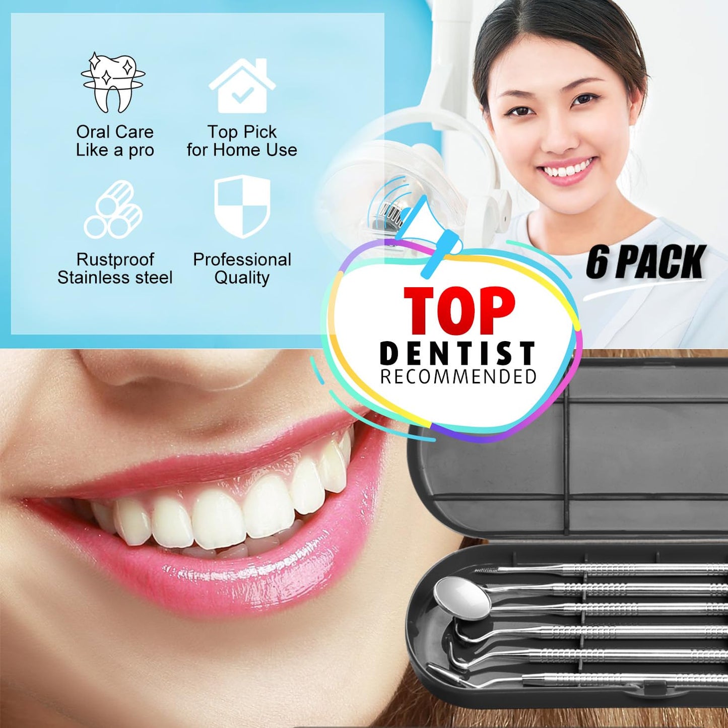 G.CATACC Dental Tools, Plaque Remover for Teeth, Metal Dental Pick Teeth Cleaning Tools Kit, Stainless Steel Oral Care Hygiene Kit with Tooth Scraper Plaque Tartar Remover - with Case