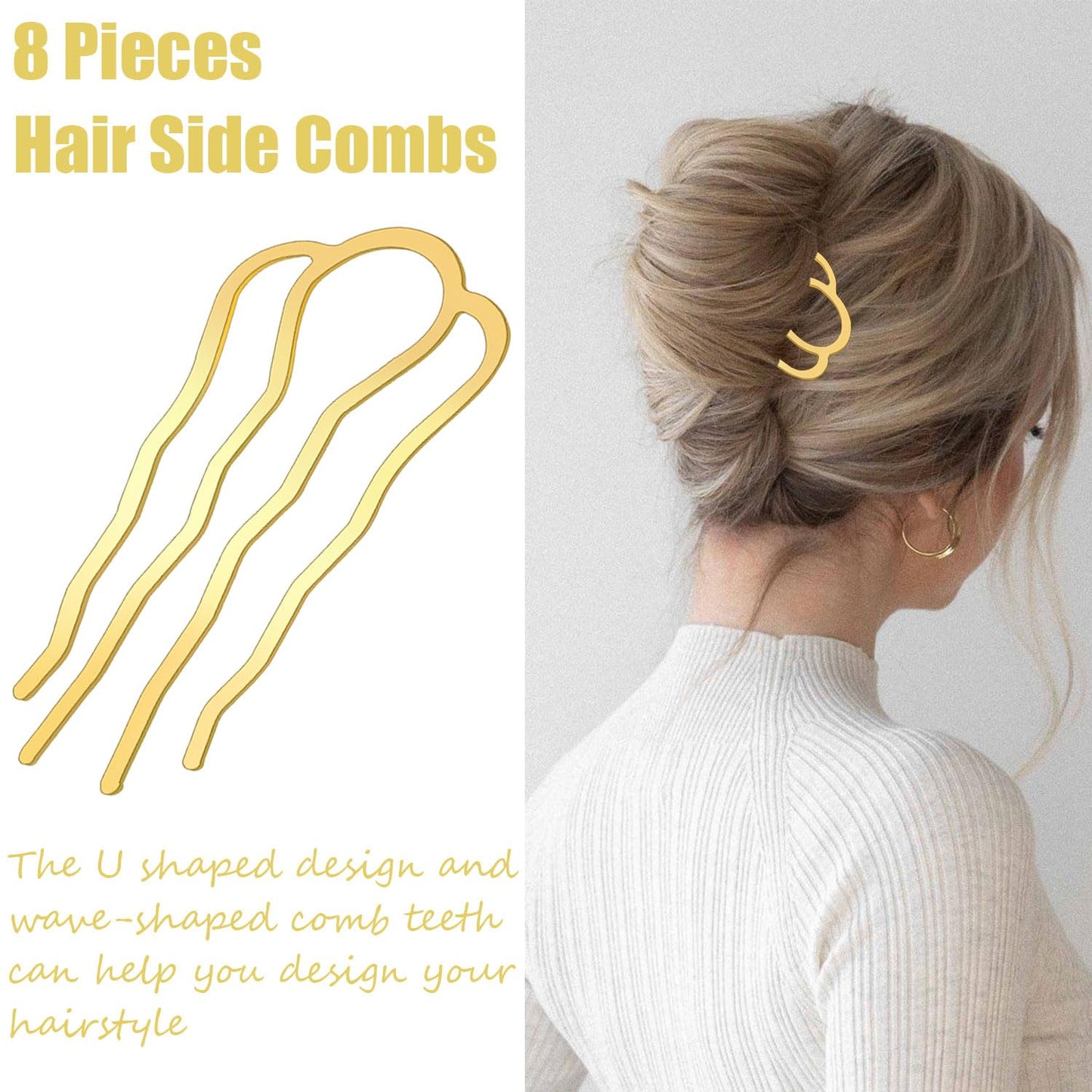 8 Pieces Hair Side Combs, Metal Hair Fork Clip Hair Pins for Buns Hair Updo U-Shape Hair Sticks for Women Hair Styling Tool Accessories (mixed)