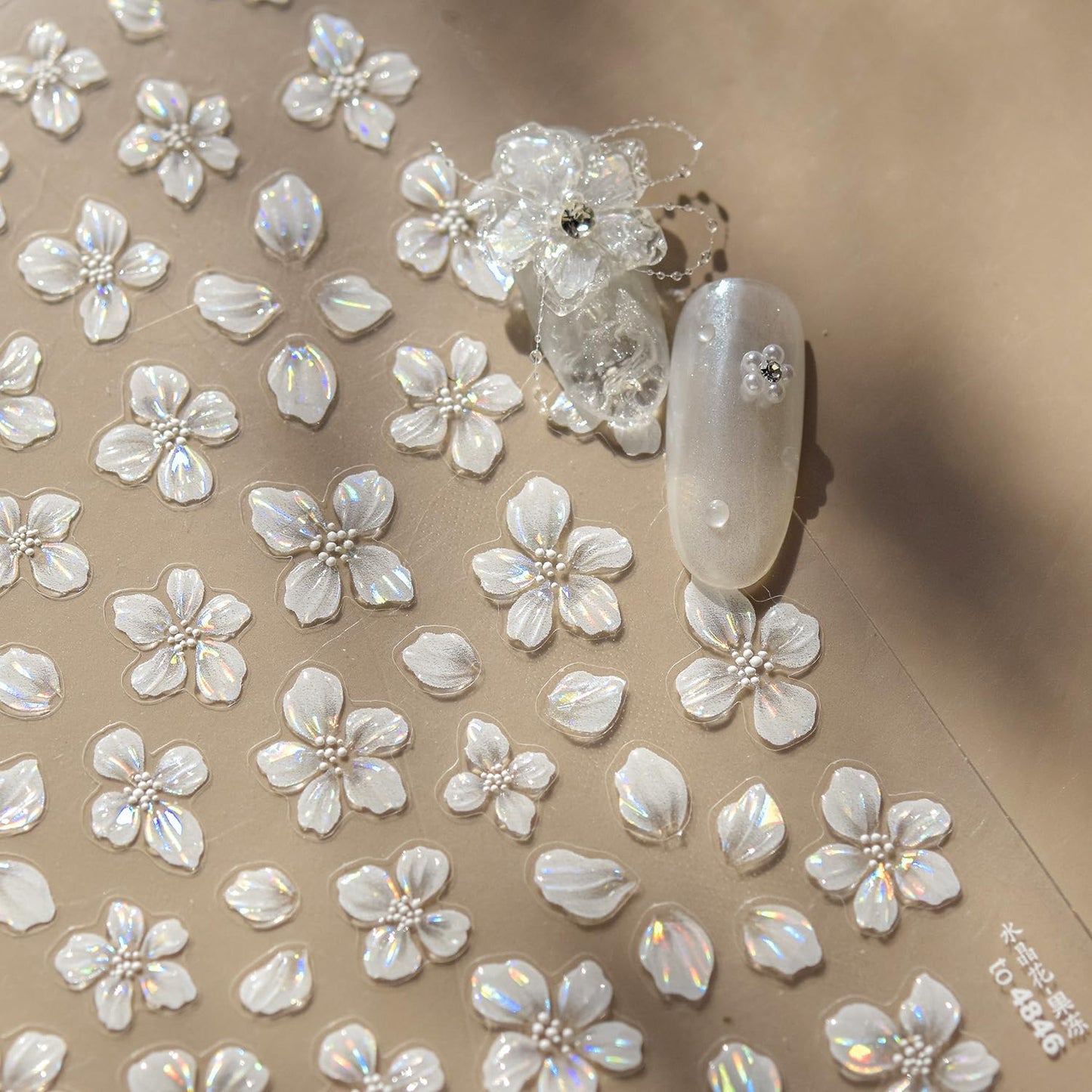 1 Sheets Embossed Flower Nail Stickers for Nail Art Holographic Laser Summer Floral Nail Art Stickers 5D Self-Adhesive Crystal Petals Nail Decoration White Flowers Nail Decals for Women Nails Designs