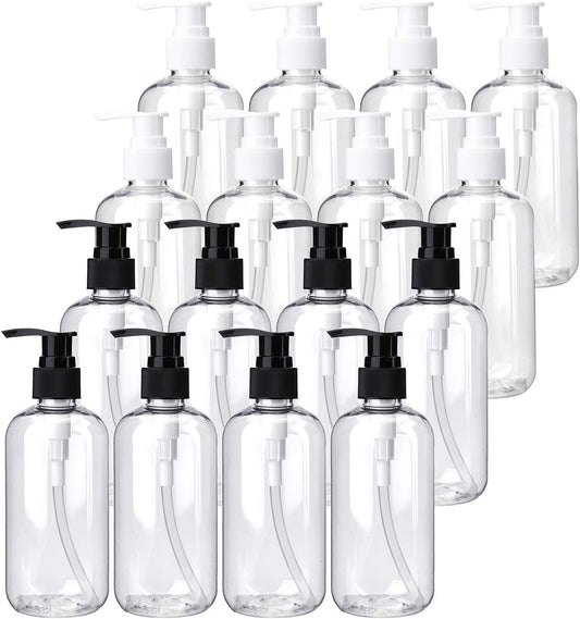 8oz Clear Lotion Bottles - 16 Pack with Black & White Pumps for Creams & Soap