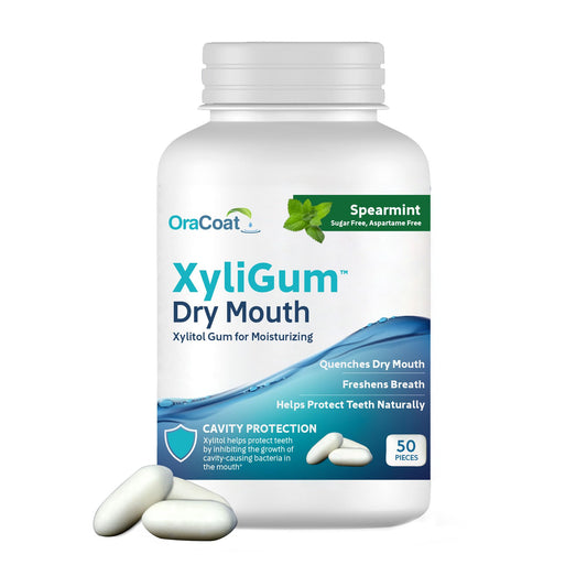 OraCoat XyliGum Dry Mouth Sugar Free Gum, 50 Piece Bottle, Spearmint Chewing Gum with Xylitol for Dry Mouth, Helps Stimulate Saliva, Breath Freshener, Supports Teeth & Gum Health