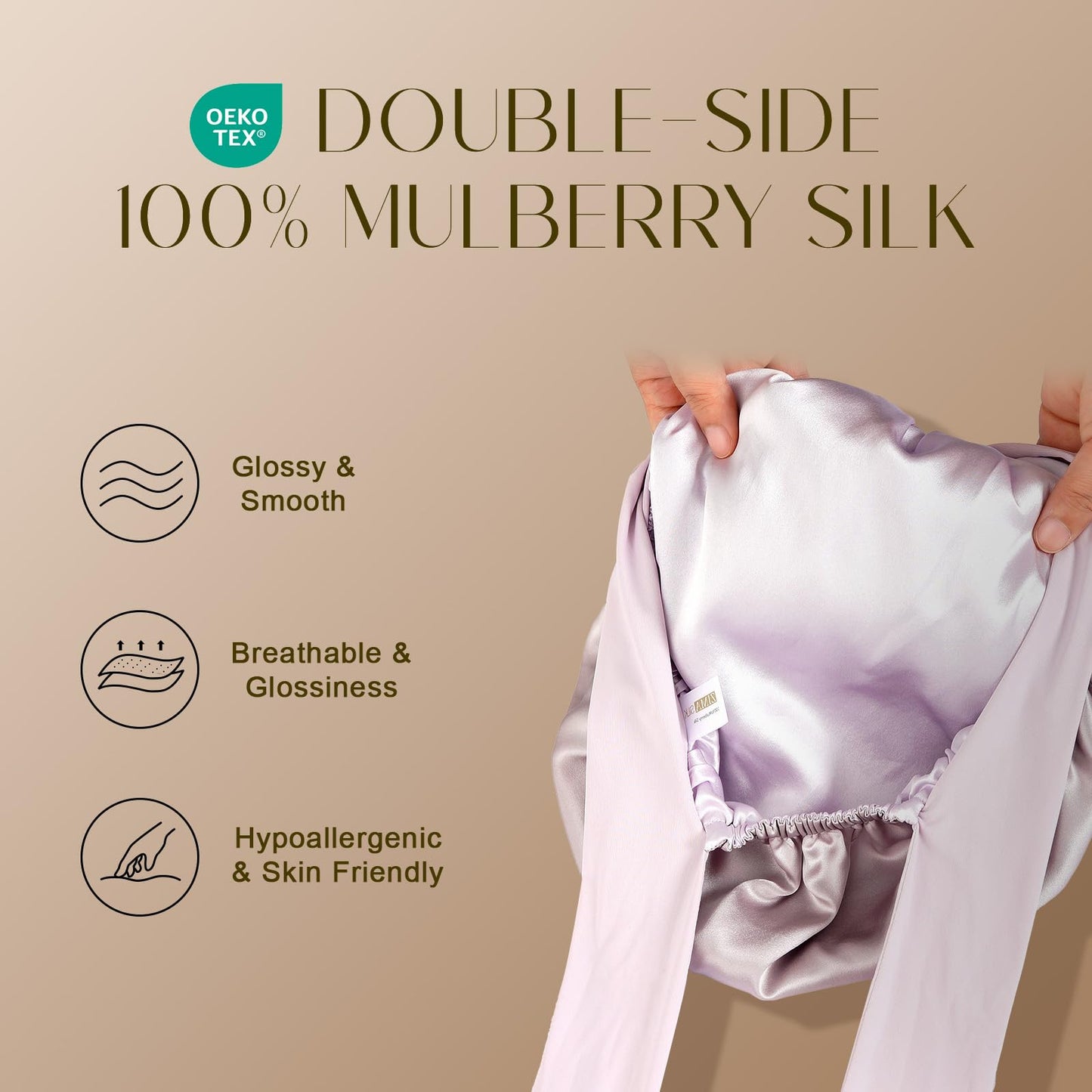 ZIMASILK 100% Mulberry Silk Bonnet for Sleeping Women Long Hair Double Layer Silk Hair Wrap with Tie Band Stay On Head (1Pc, Purple)