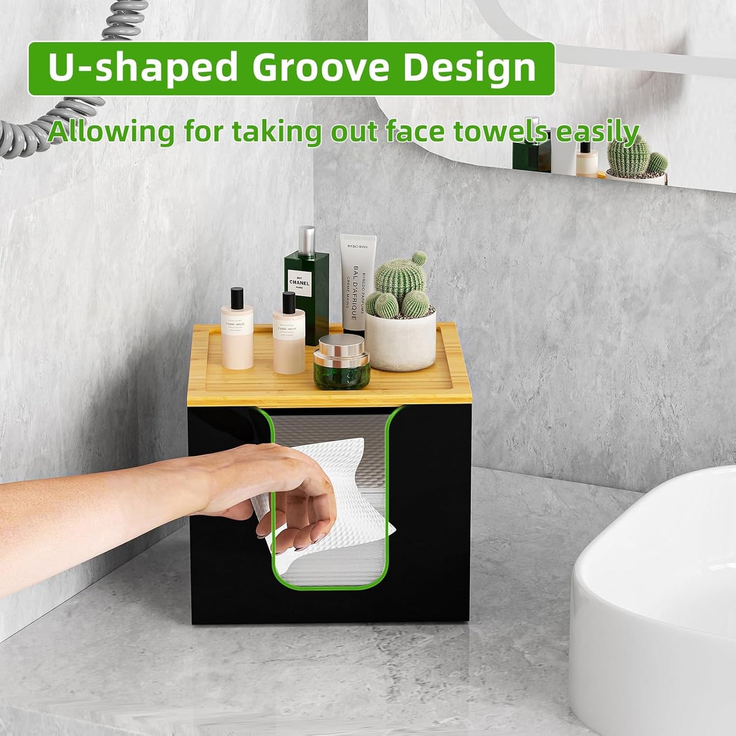 VITVITI Acrylic Face Towel Holder Box - Large Disposable Towel Storage with Bamboo Lid for Bathroom & Vanity