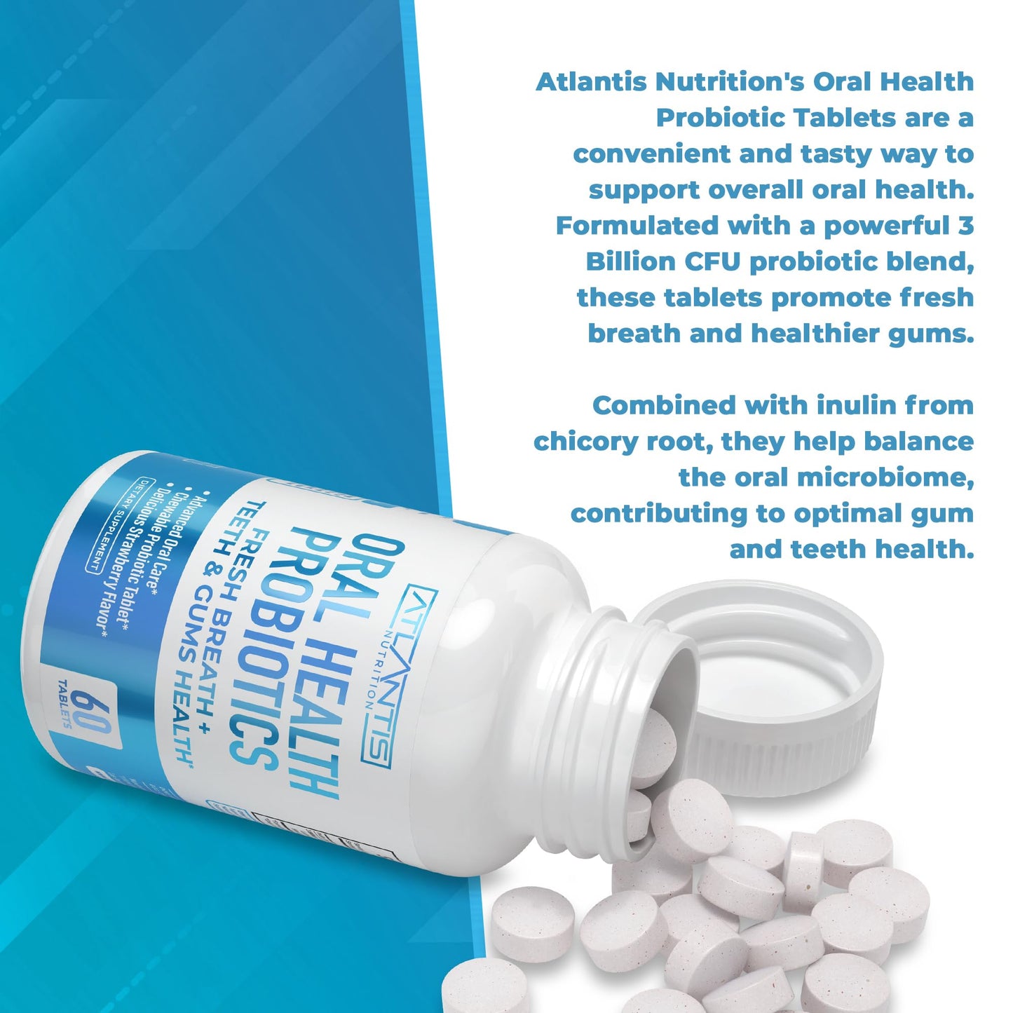Atlantis Nutrition Oral Probiotics Chewable Tablet - Dental Probiotic for Gum Care & Teeth Care - Bad Breath Treatment for Adults - 3 Billion CFU Probiotic Blend - Strawberry Flavor - 60 Tablets