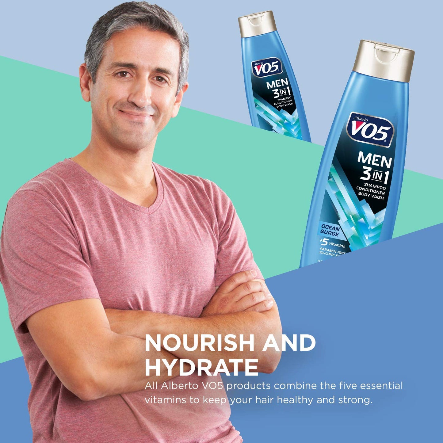 VO5 Mens 3-IN-1 Shampoo Conditioner and Body Wash - 12.5 Oz - Ocean Surge - 5 Essential Vitamins to Help Nourish and Hydrate Your Hair and Skin- Vitamin A, H, C, B5 and B3