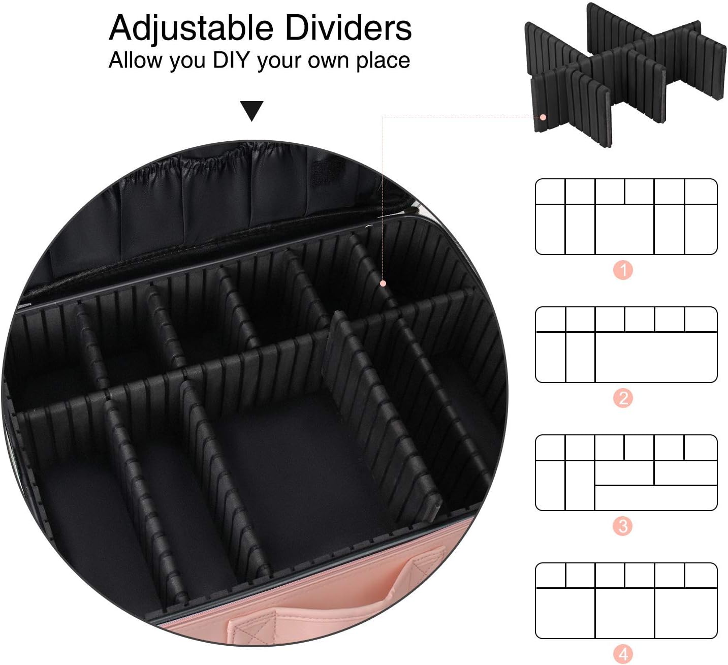 Relavel Portable Travel Makeup Case Organizer with Adjustable Dividers - Black Cosmetic Storage for Brushes, Toiletries & Jewelry