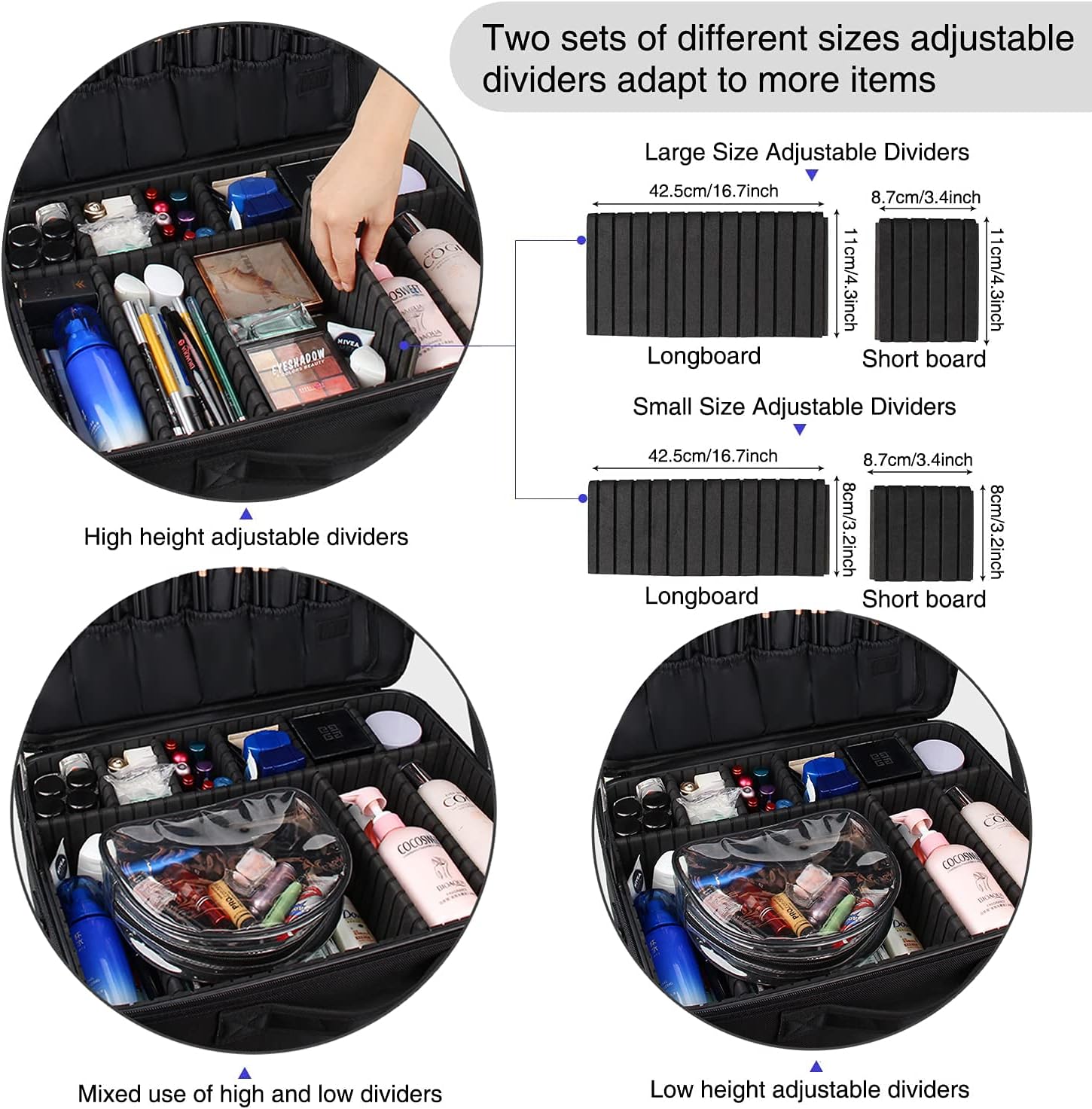 Relavel Portable Travel Makeup Case Organizer with Adjustable Dividers - Black Cosmetic Storage for Brushes, Toiletries & Jewelry