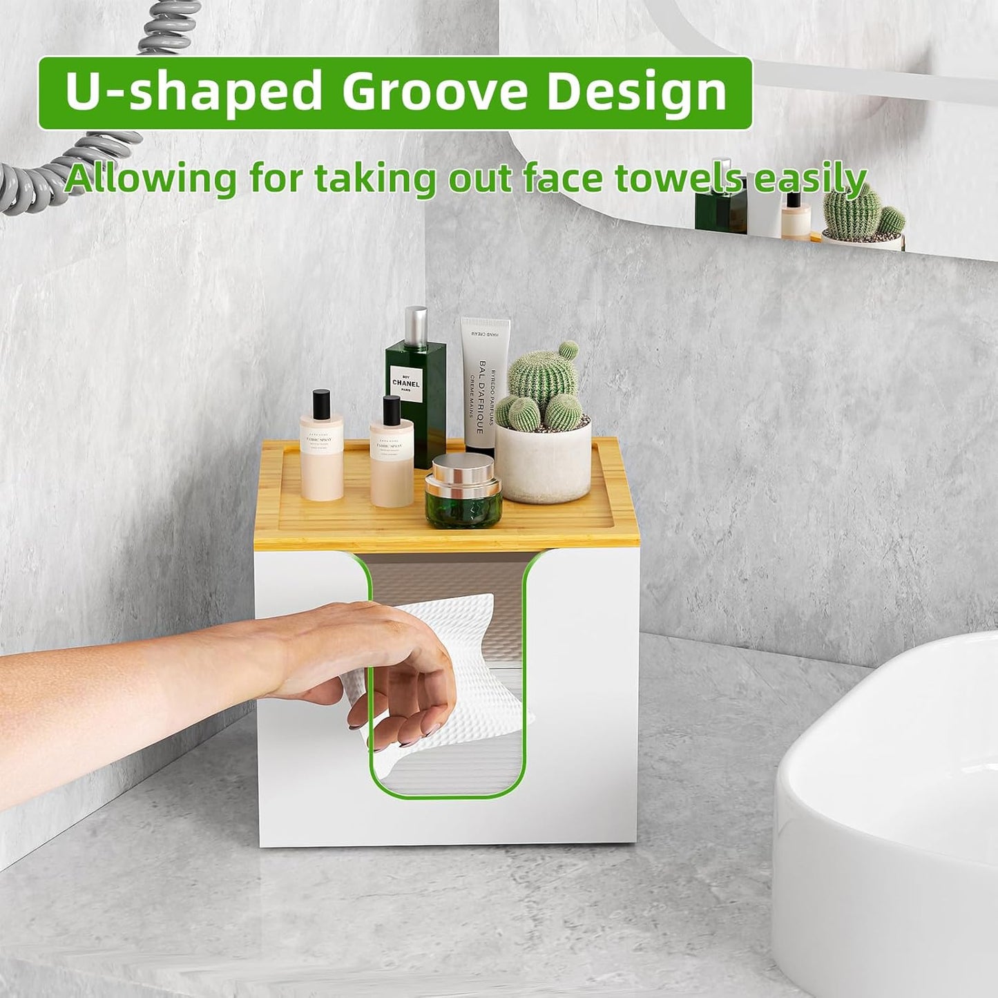 VITVITI Acrylic Face Towel Holder Box - Large Disposable Towel Storage with Bamboo Lid for Bathroom & Vanity