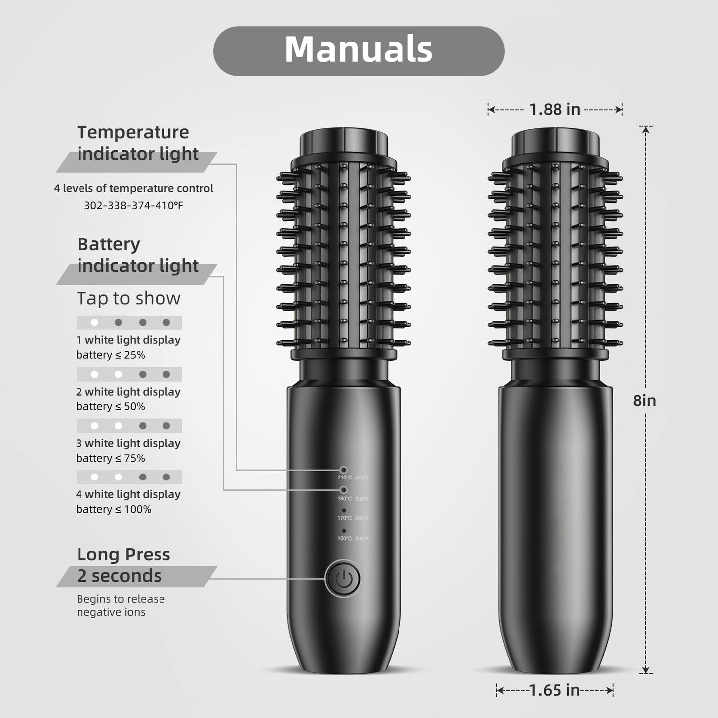 Cordless Curling Iron Brush, 1.5 Inch Mini Travel Hair Curler with 200 Million Negative Ions, Portable Heated Round Straightener Brush Rechargeable for Curl, Touch-Up, De-Frizz, Styling, Black