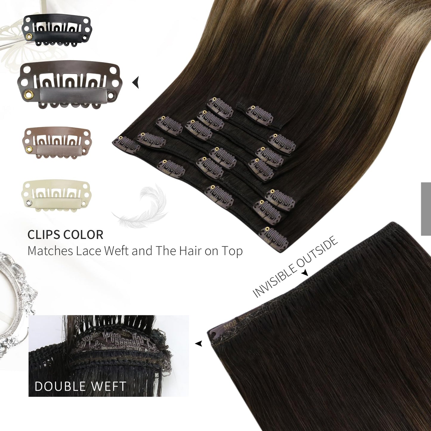 Moresoo Clip in Hair Extensions Real Human Hair Balayage Human Hair Clip in Extensions Ombre Dark Brown to Golden Brown with Dark Ash Blonde Hair Extensions for Women 7Pcs 120G 18inch