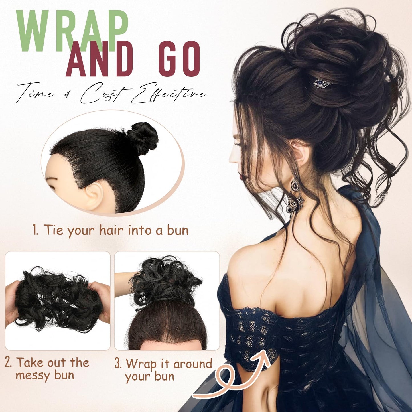 FeidyLong 2 PCS Messy Bun Hair Piece Wavy Curly Hair Bun Scrunchies Extensions Synthetic Chignon Thick Updo Hairpieces for Women Girls(Dark Brown)