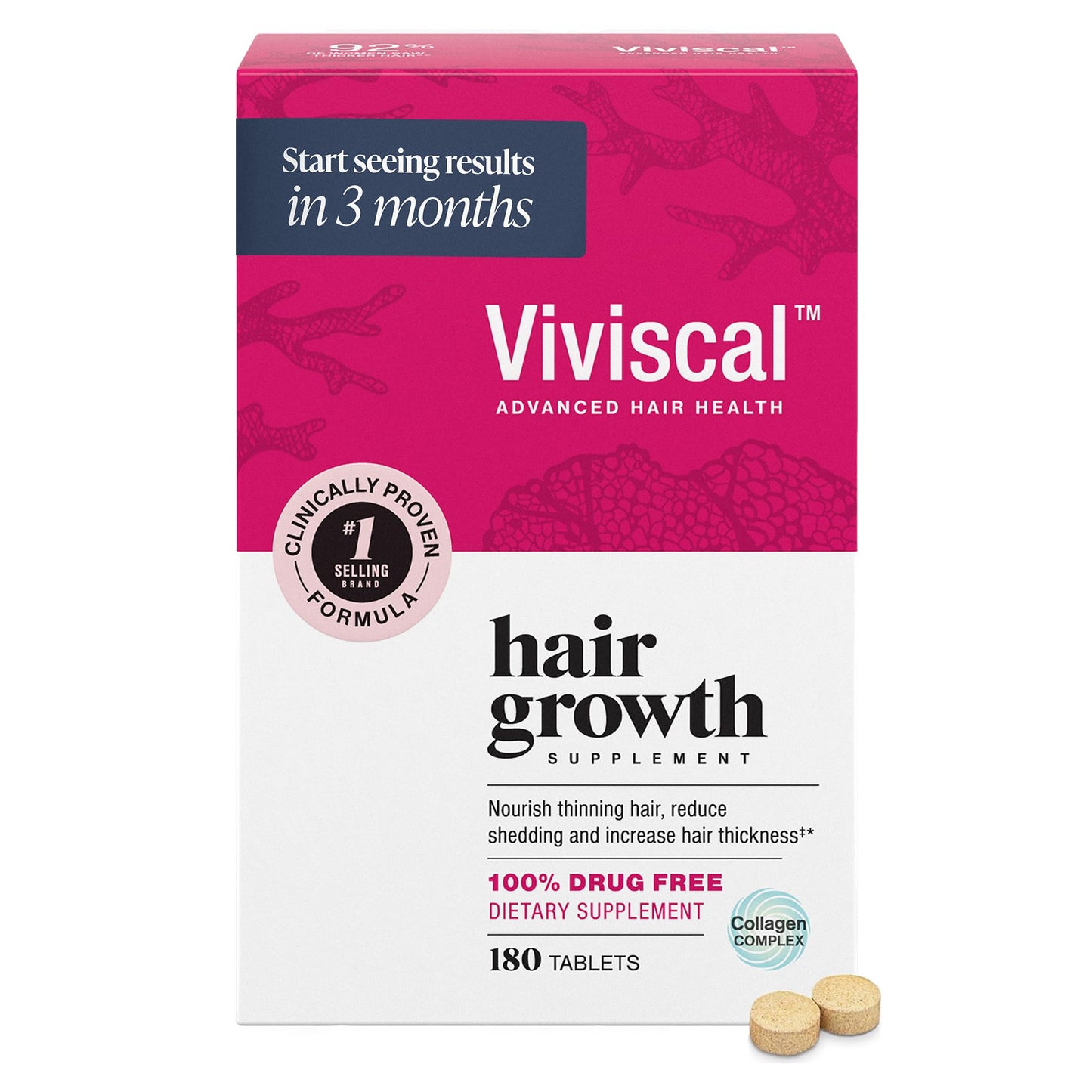 Viviscal Hair Growth Supplements For Women For Thicker, Fuller Hair, Nourishes Thinning & Loss, With Proprietary Collagen Complex, 180 Tablets, 3 Month Supply