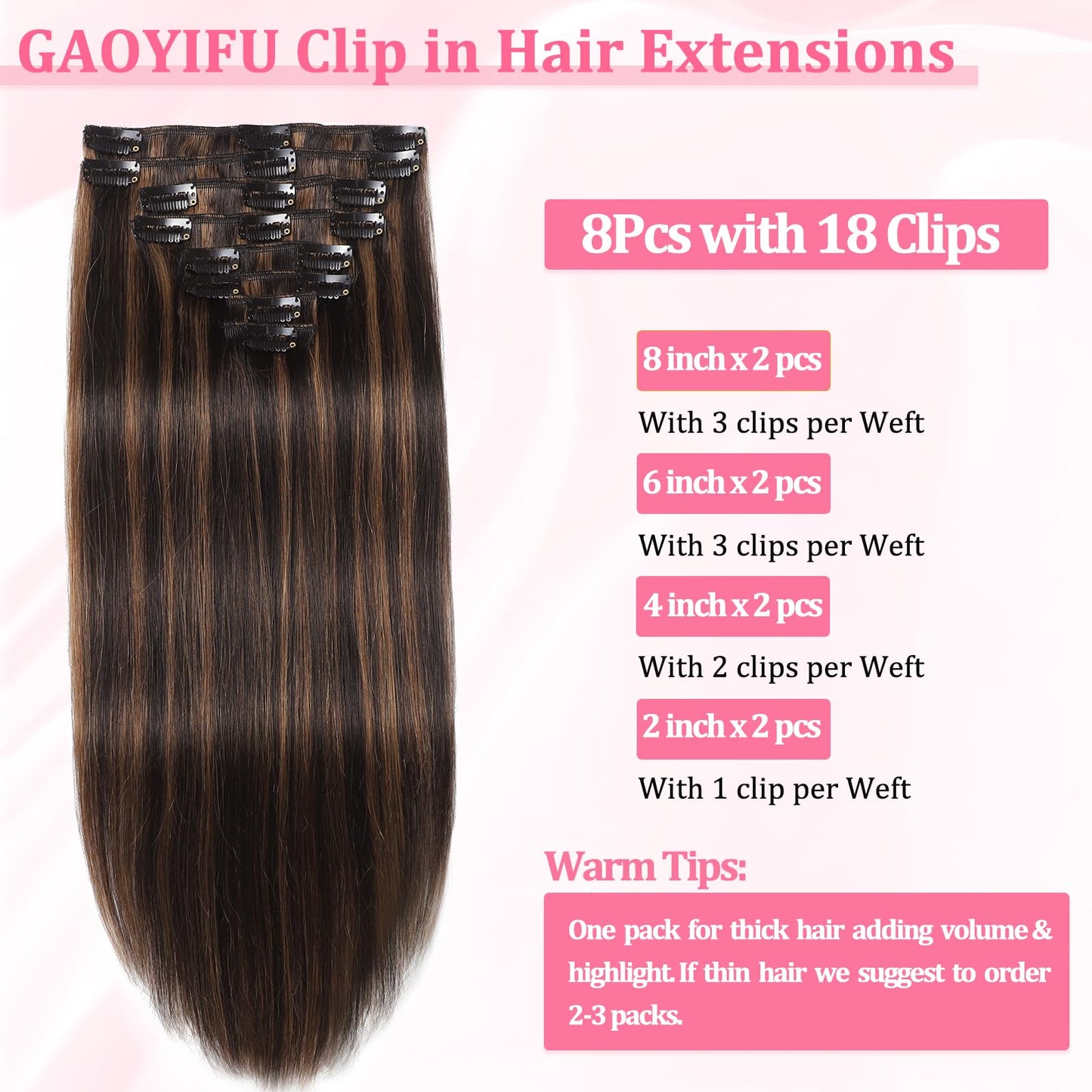 Clip in Hair Extensions Real Human Hair Seamless Balayage Human Clip ins Extensions for Women Invisible Straight 8Pcs Double Weft Dark Brown Highlight Chestnut Brown 16inch 90g