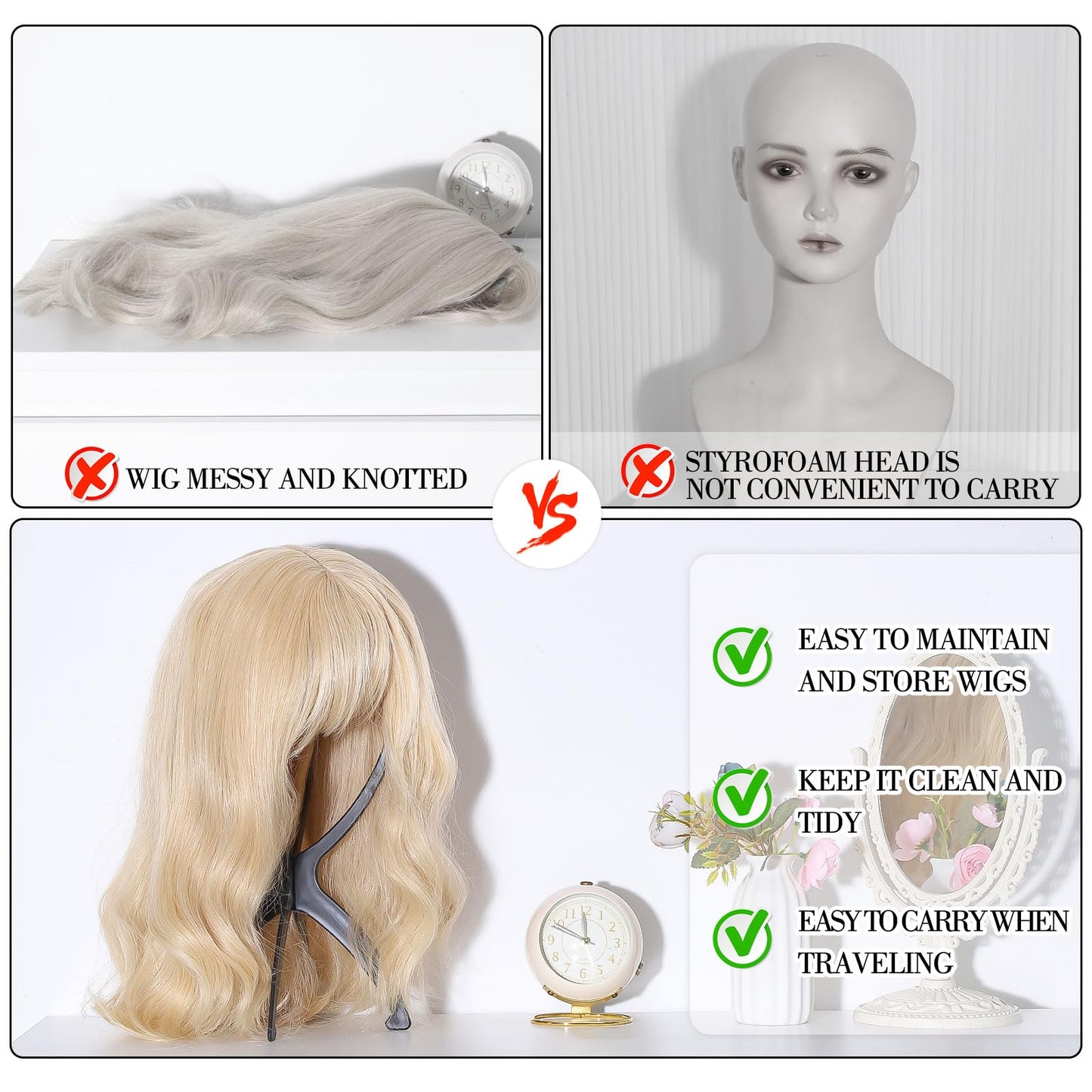 obeoby Wig Stand, Portable Wig Holder Wig Head Stand for All Wigs Travel Wig (black)