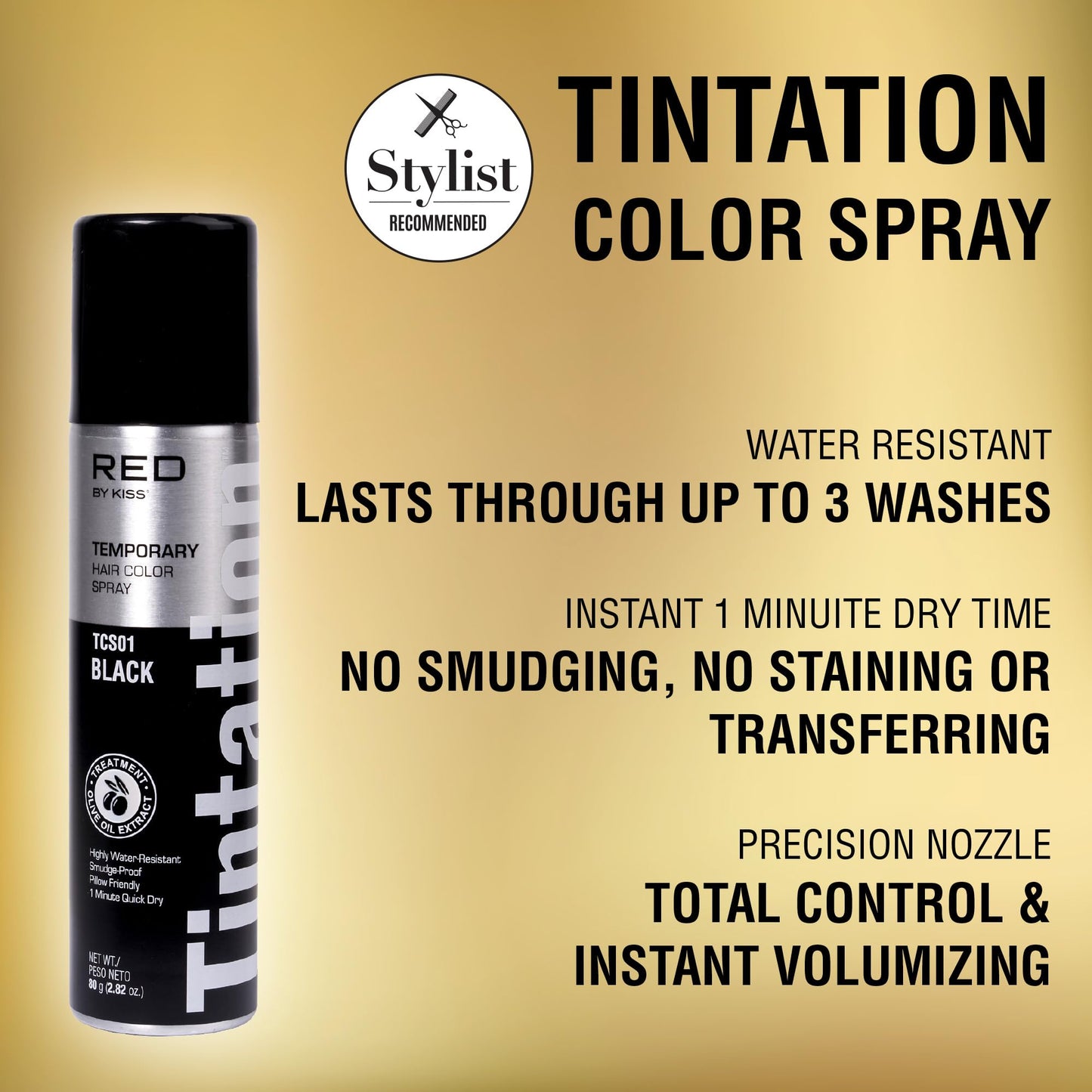 Red by Kiss Tintation Temporary Hair Color Spray, Instant Gray Root Touch Up Coverage, Water-Resistant & Smudge-Proof, Easy Wash Out, Barber & Hairline Touch-Up, Quick-Dry (Black, 2.82 oz)
