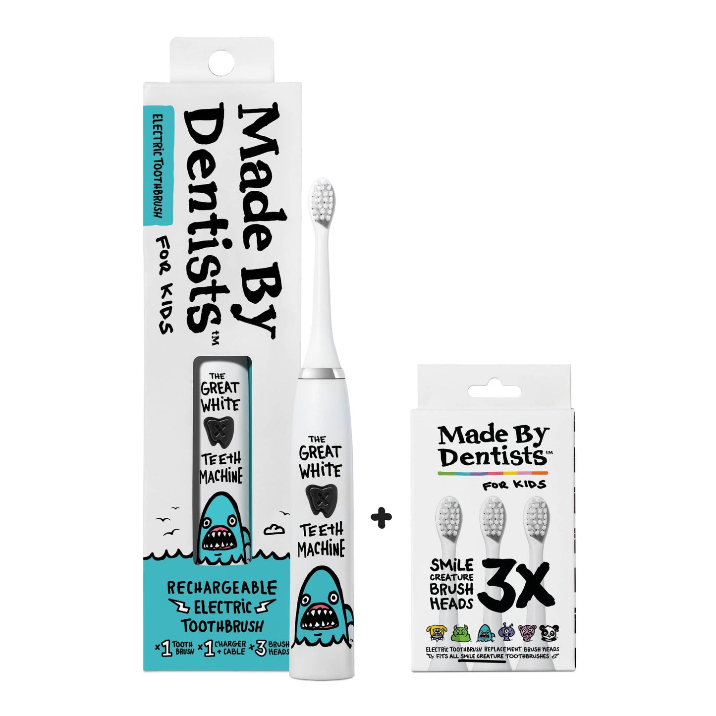 Made by Dentists Kids Electric Toothbrush - Rechargeable Vibrating Toothbrush with Timer, Includes 6 Replacement Heads, Gently Cleans Little Teeth, for Girls and Boys, Kids & Toddlers Age 2+, Shark