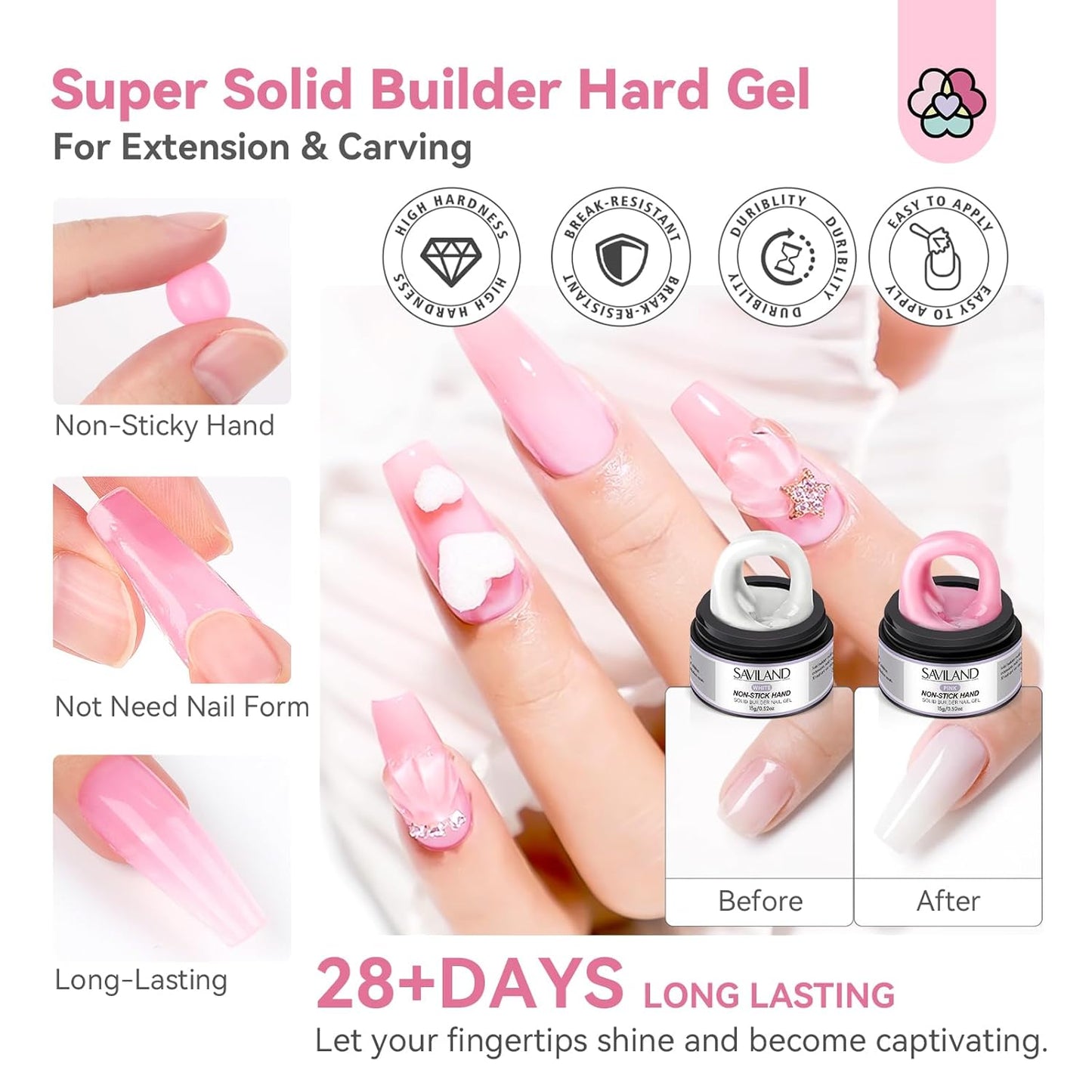 Builder Nail Gel Kit - 4 Colors (Clear, Nude, White, Pink) for Nail Extensions & 3D Sculpting - Long-Lasting Non-Sticky Hard Gel with Chrome Powder
