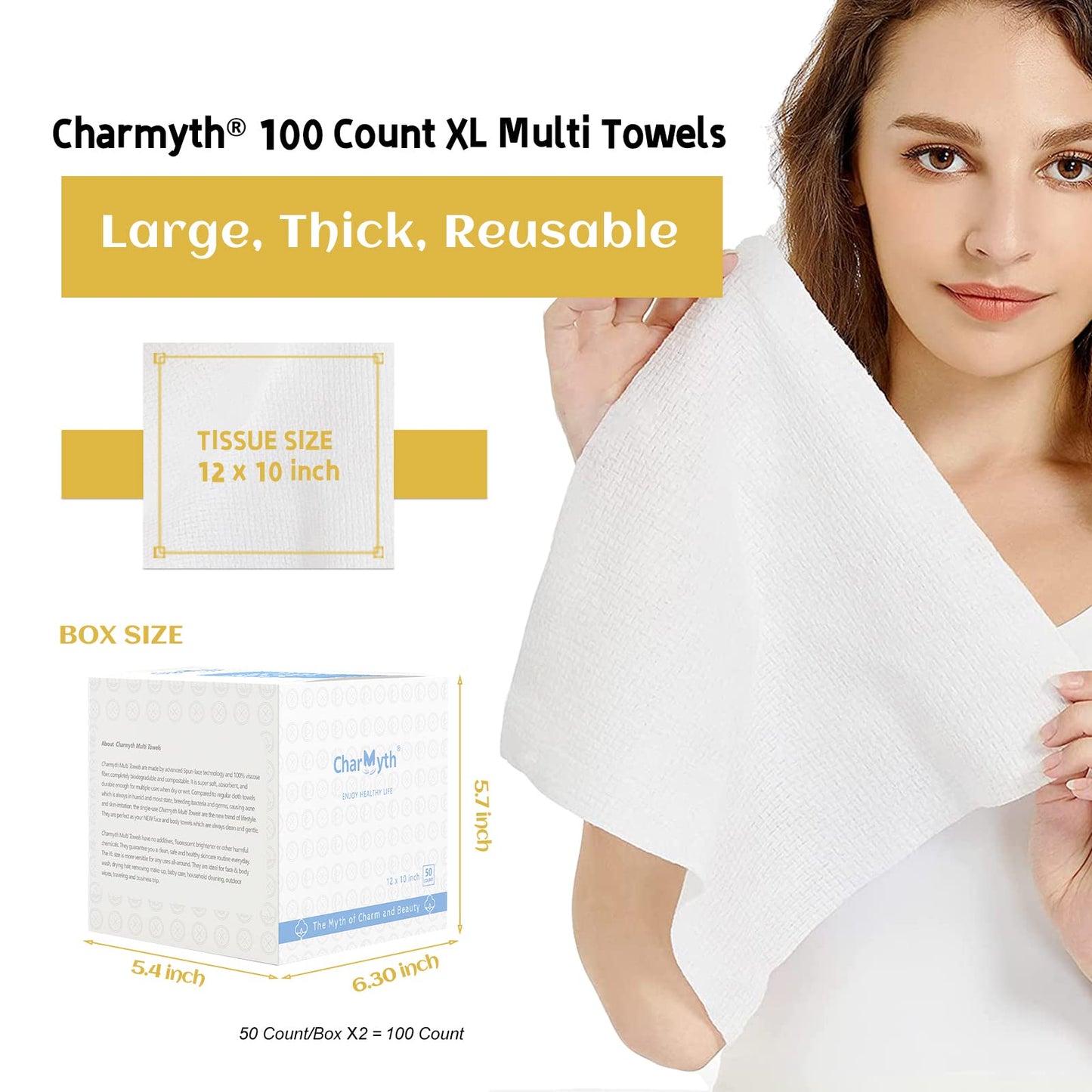 Charmyth Disposable Face Towels XL 100 Count - Extra Thick Soft Makeup Remover Wipes for Sensitive Skin Degradable Facial Cleansing Towels