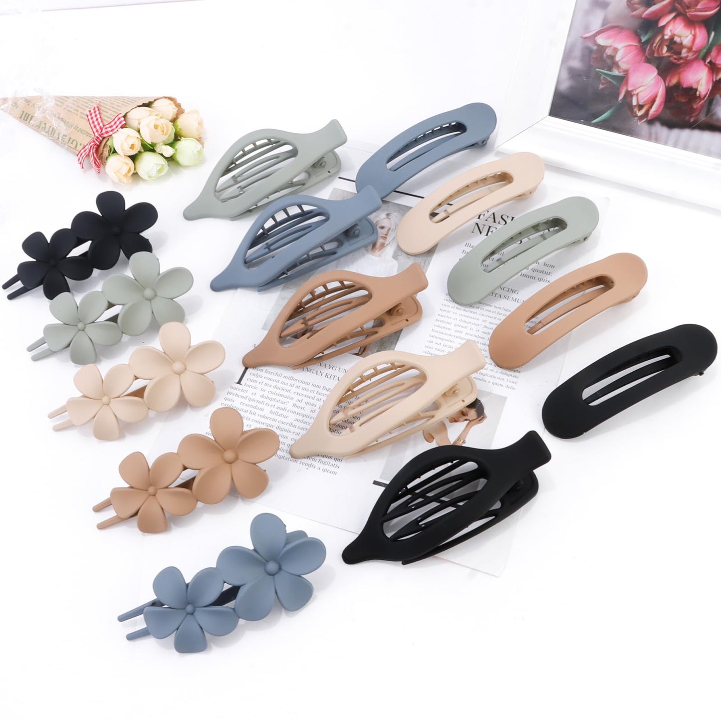 FASOTY 15 Pcs Flat Claw Clips for Women Girls, 3 Styles Non-slip Matte Flat Hair Clips for Thick & Thin Hair Prom Party Hair Accessories
