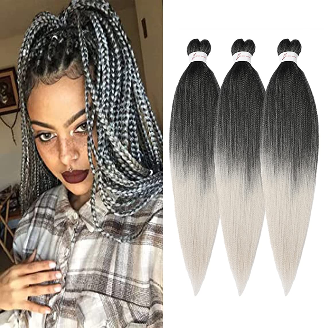 8 Packs 20-Inch Ombre Pre-Stretched Braiding Hair - Soft Yaki Texture Extensions