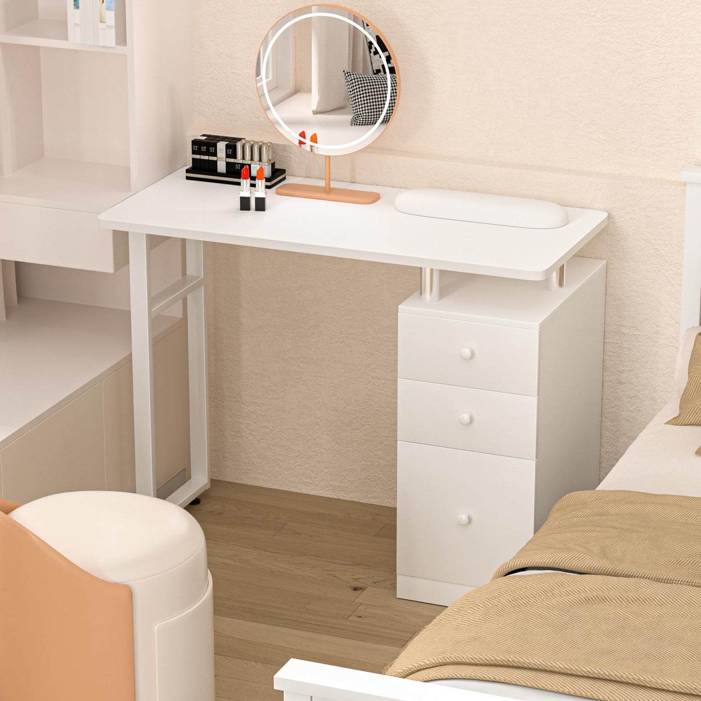 Charmmade Manicure Table Nail Station White Nail Desk with Drawers Acetone Resistant Nail Tech Table with Wrist Cushion