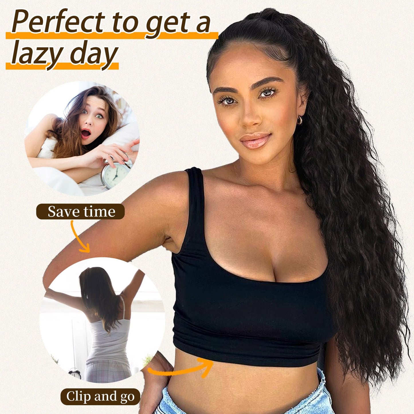 ORSUNCER Claw Long Wavy Ponytail Extension Black Brown 30" Curly Pony Tail Clip in Hair Extensions for Women fluffy Natural Looking Synthetic Hairpiece for Daily Use