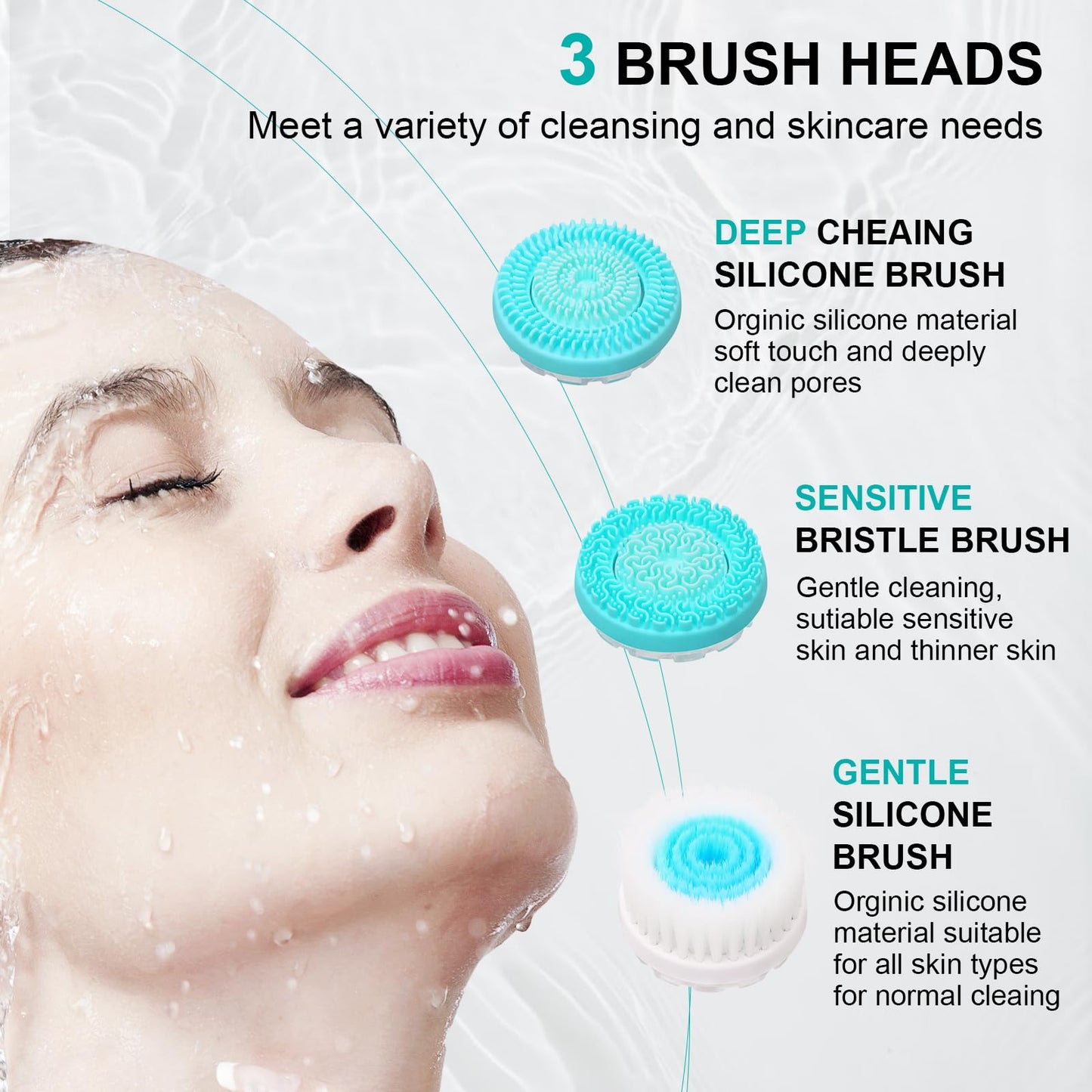 Facial Cleansing Brush, Waterproof Dual-Rotation Face Scrubber Exfoliator with 3 Brush Heads and 2 Adjustable Speeds, Rechargeable Exfoliating Face Brushes for Cleansing and Skin Care (Blue)
