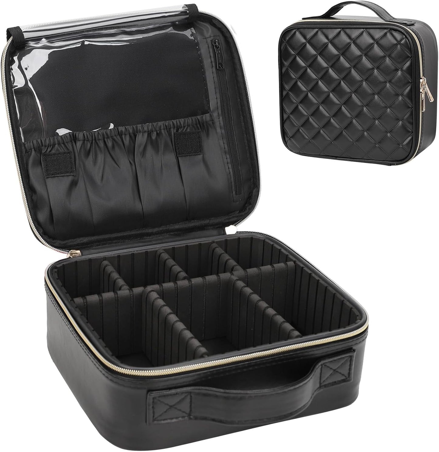 Relavel Portable Travel Makeup Case Organizer with Adjustable Dividers - Black Cosmetic Storage for Brushes, Toiletries & Jewelry
