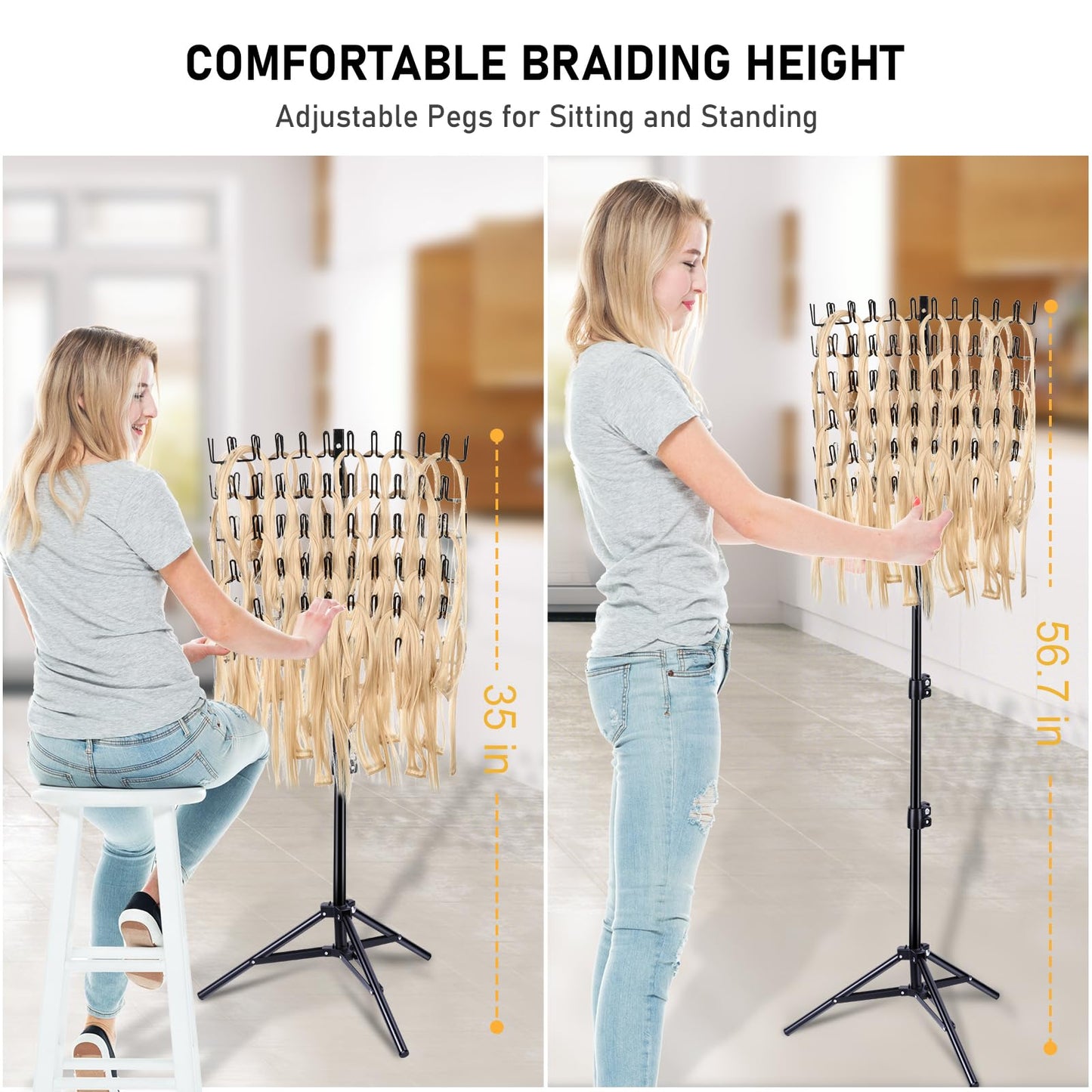 IDM-UTSL Braiding Hair Rack, 144 Pegs, Three Heights Adjustable Braiding Rack Stand for Hair, Large Tripod Stand, Not Shake