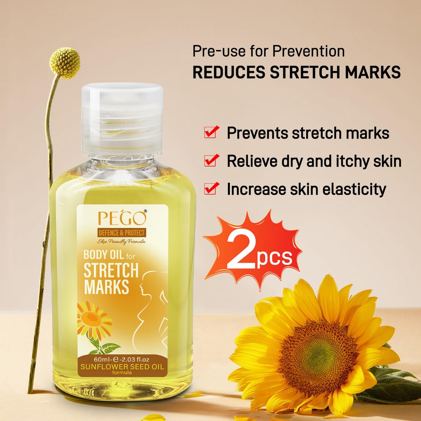 PEGO Stretch Mark Oil for Pregnancy, Maternity Body Oil for Stretch Mark Prevention & Reduction, Hydrating Skin Care, 4.06oz (2Pack)