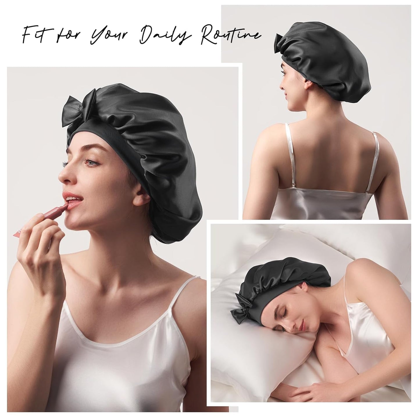 22 Momme Mulberry Silk Bonnet for Women - Double-Sided Non-Slip Sleep Cap for Long Curly Hair, Adjustable Band, Ebony
