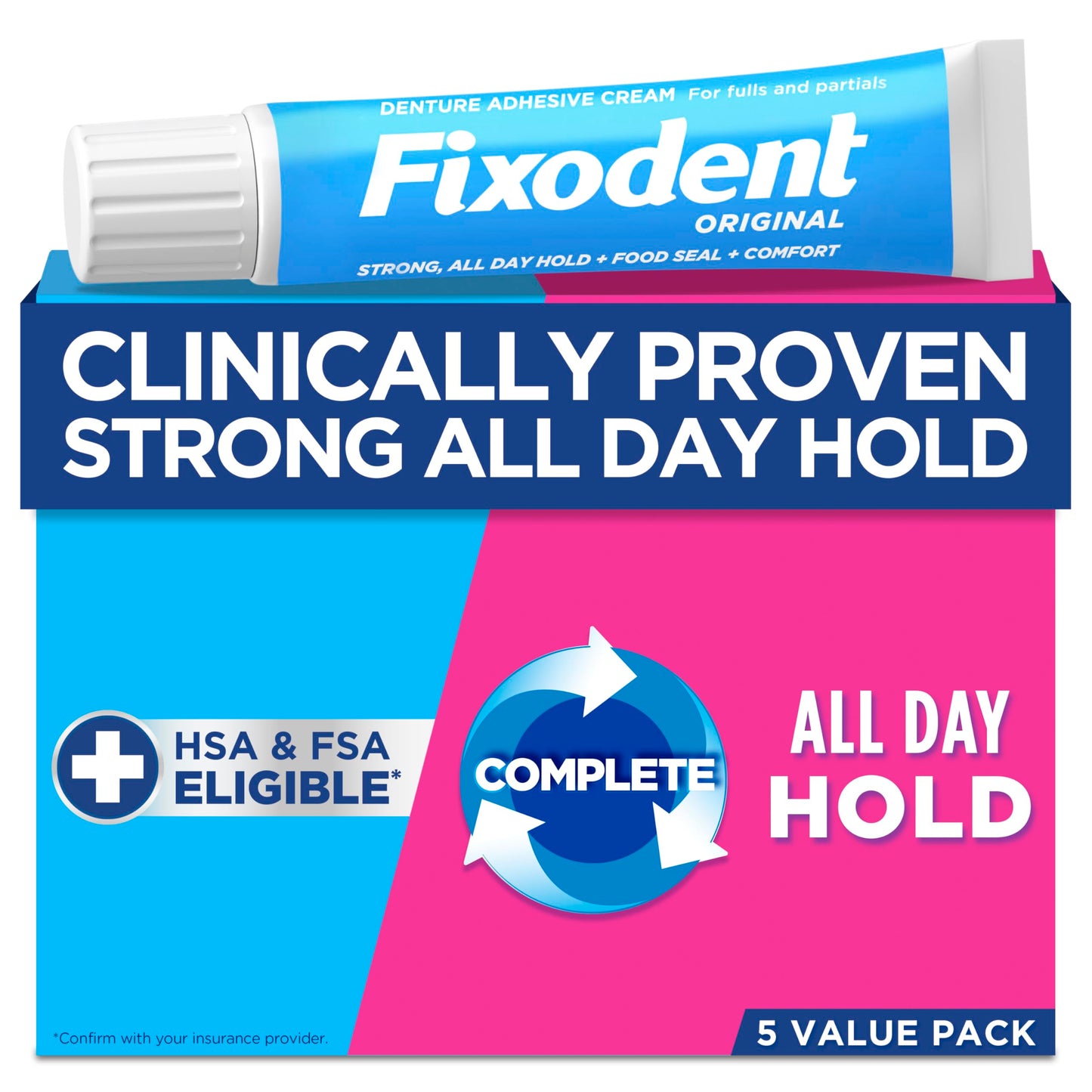 Fixodent Original Secure Denture Adhesive Cream for Full and Partial Denture Wearers, 2.4oz (Pack of 5)
