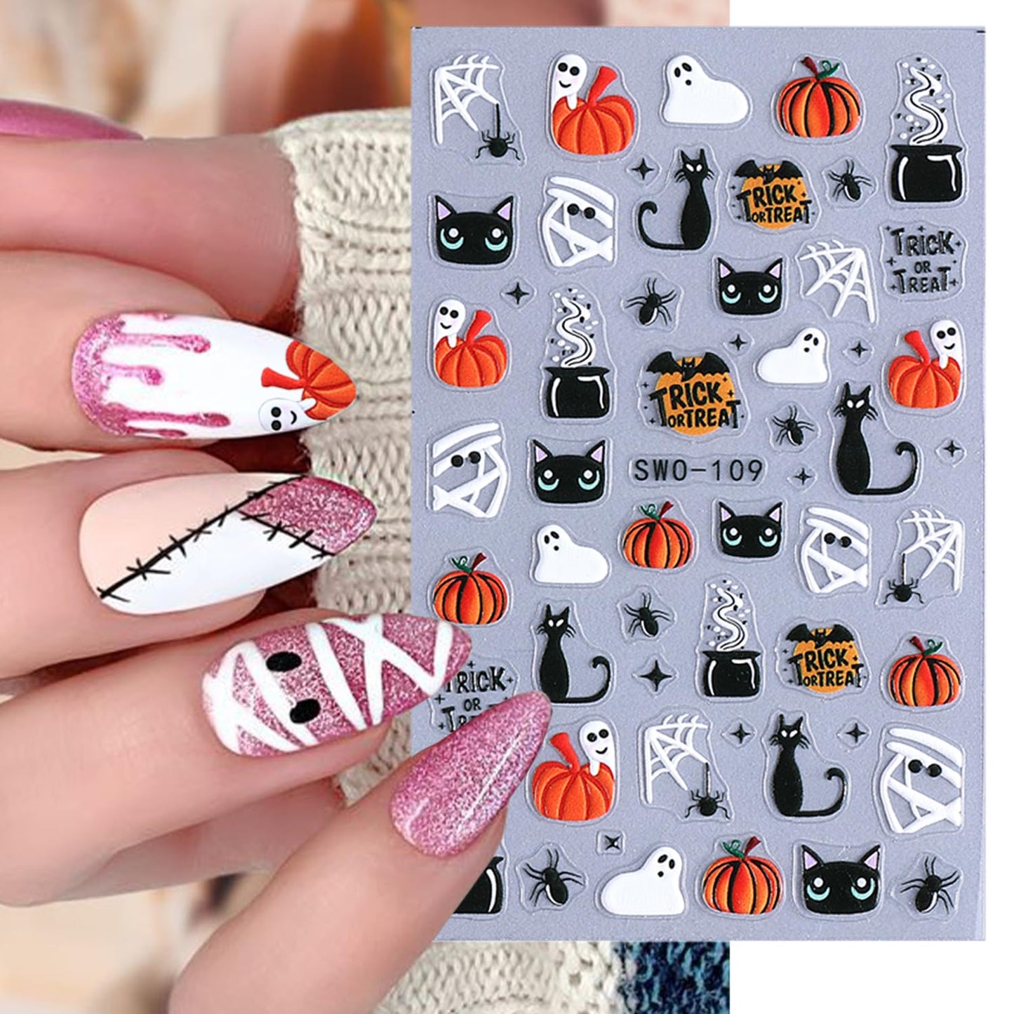 4 Sheets Halloween Nail Stickers for Nail Art Scary Black Cat Mummy Spider Web Nail Art Stickers 5D Spider Pumpkin Nail Decals Self-Adhesive Ghost Skeleton Nail Supplies for Women Nails Decoration