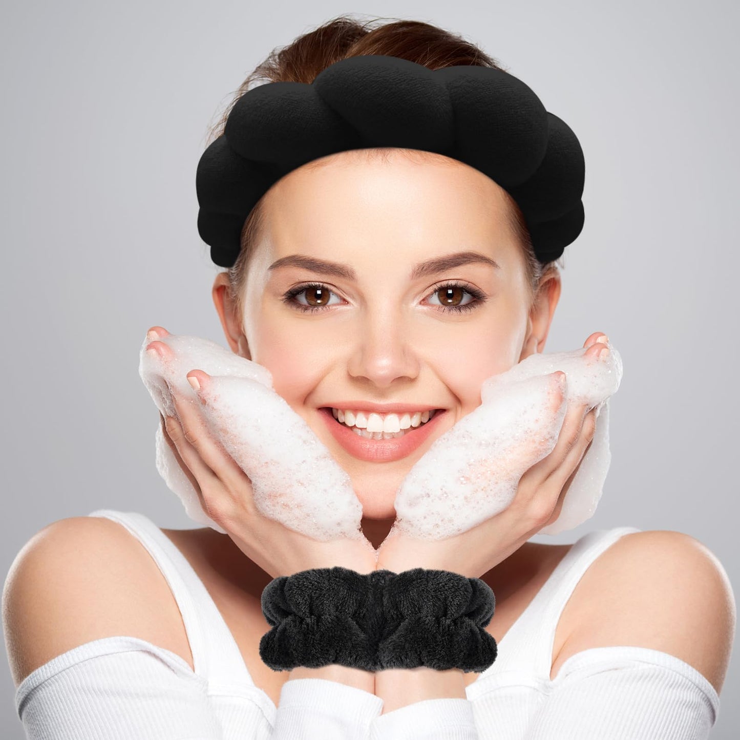 Zkptops Spa Headband for Washing Face Wristband Sponge Makeup Skincare Headband Terry Cloth Bubble Soft Get Ready Hairband for Women Girl Puffy Padded Headwear Non Slip Thick Hair Accessory(Black)
