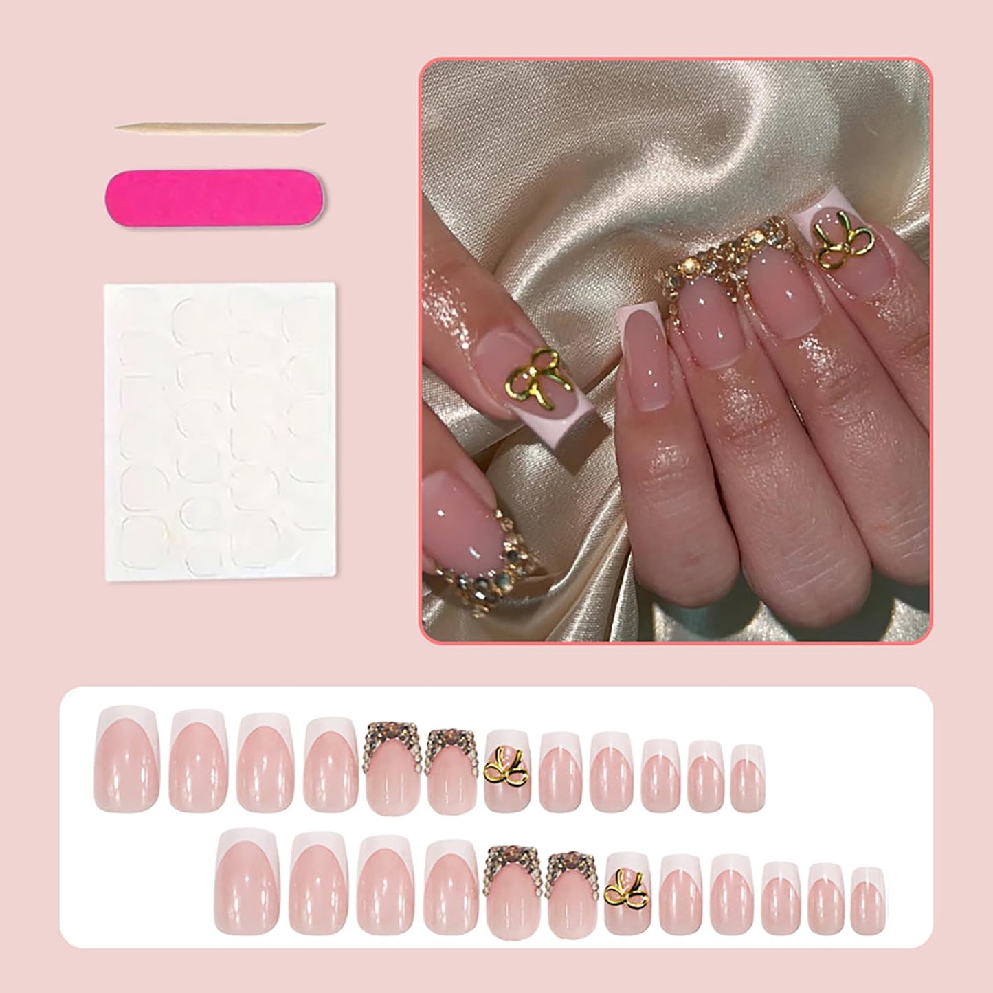 24Pcs White French Tip Press on Nails Short Square Fake Nails with Rhinestones Designs Glue on Nails Gold Bow Acrylic Nails Full Cover French False Nails Diamond Stick on Nails for Women Nail Art