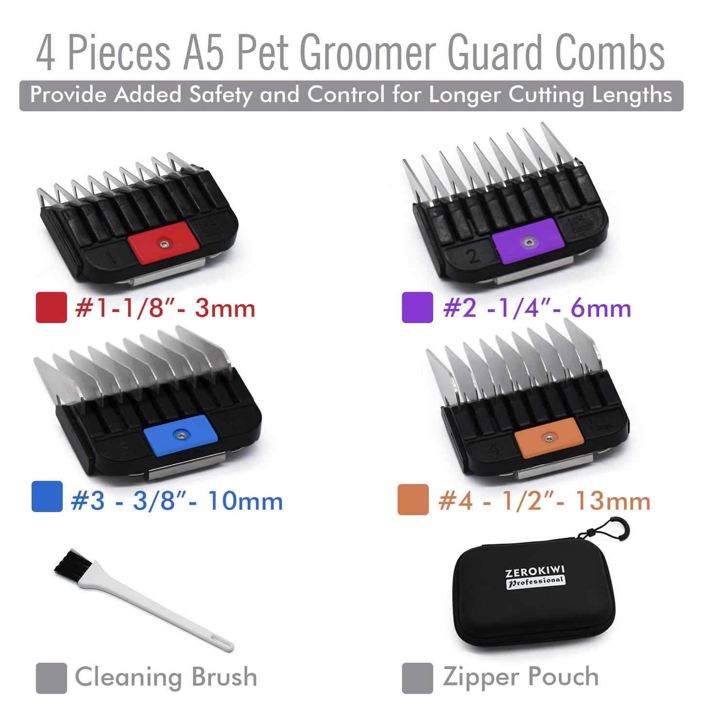 4 Pieces Professional A5 Style Animal Clipper Stainless Steel Color-Coded Attachment Guard Guide Combs Set, 1/8", 1/4", 3/8", 1/2" Compatible with Wahl KM Series Oster A5 Andis AG BG Pet Groomers