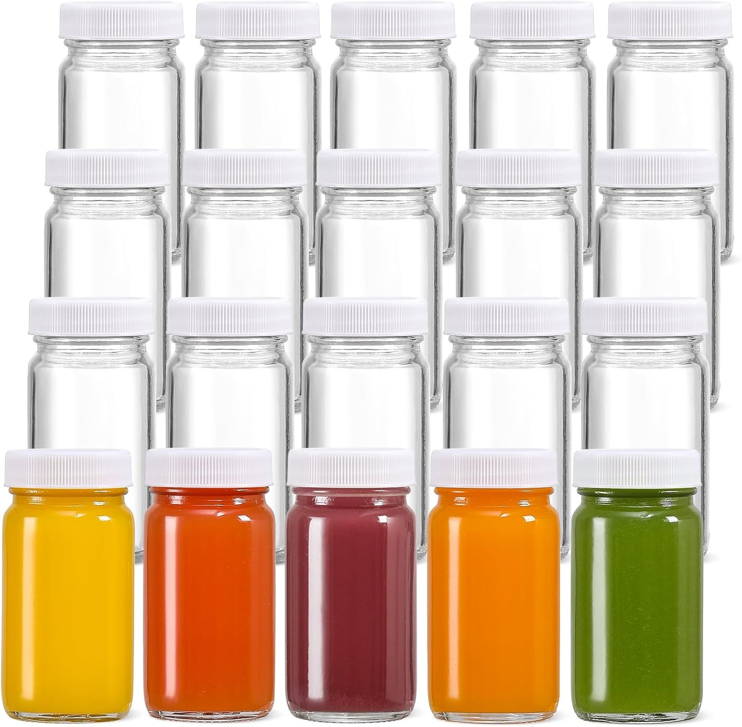 20 Pack Mini Glass Shot Bottles 2 oz with Lids & Labels - Leakproof Travel Jars for Juice, Whiskey, Wellness Shots