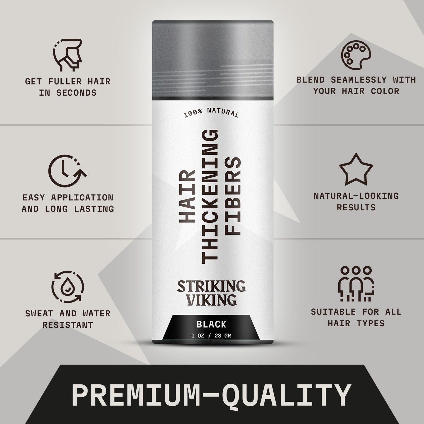 Striking Viking Hair Building Fibers for Thinning Hair (Black) 28g – Natural – Long-Lasting Powder for Undetectable, Thicker Look for Men & Women - Hair Fibers