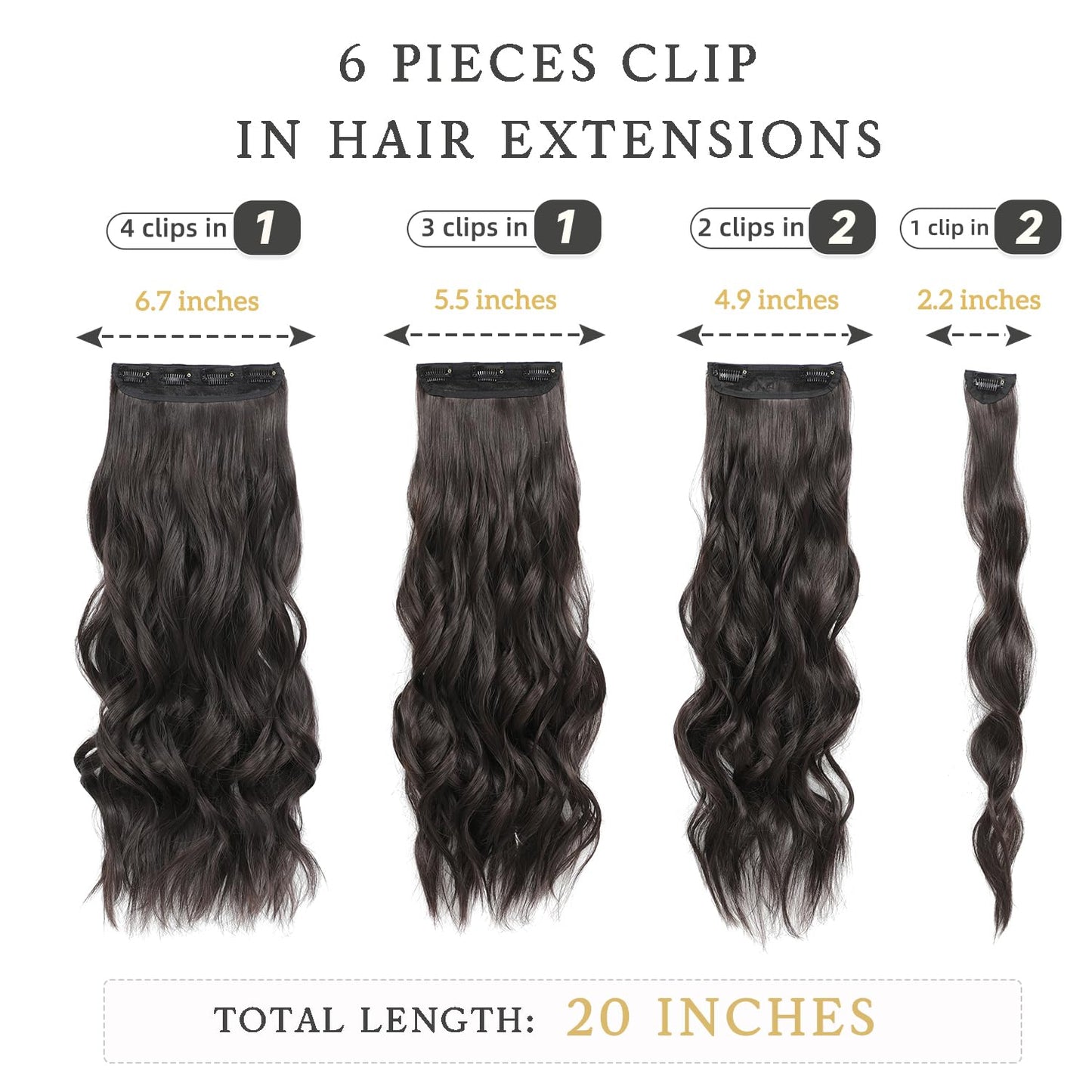 Fliace Clip in Hair Extensions, 6 PCS Natural & Soft Hair & Blends Well Hair Extensions, Dark Brown Long Wavy Hairpieces(20inch, 6pcs, Dark Brown)