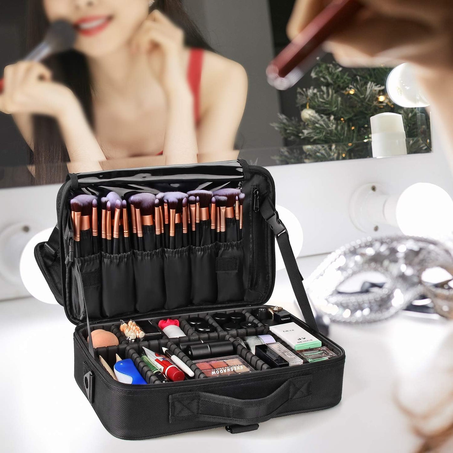 Relavel Portable Travel Makeup Case Organizer with Adjustable Dividers - Black Cosmetic Storage for Brushes, Toiletries & Jewelry